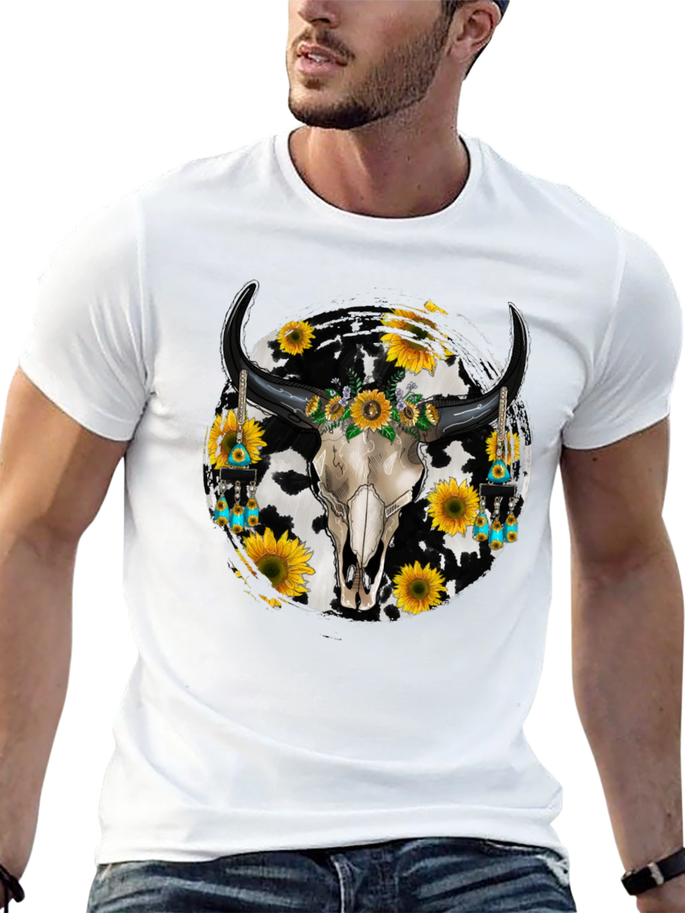 Black Cow Skull Sunflower Graphic Tee view 13