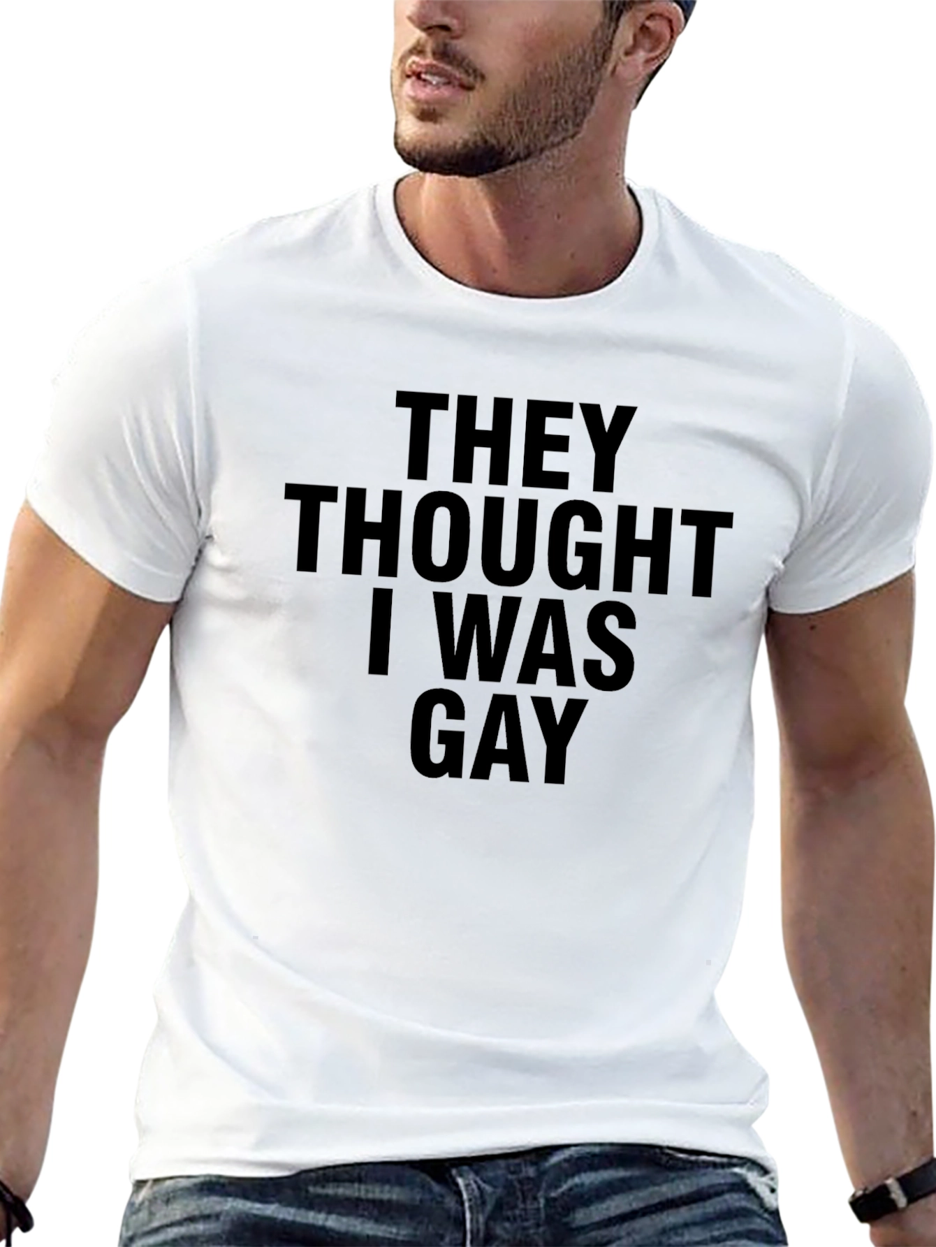 Black Humorous "They Thought I Was Gay" Black T-Shirt view 13