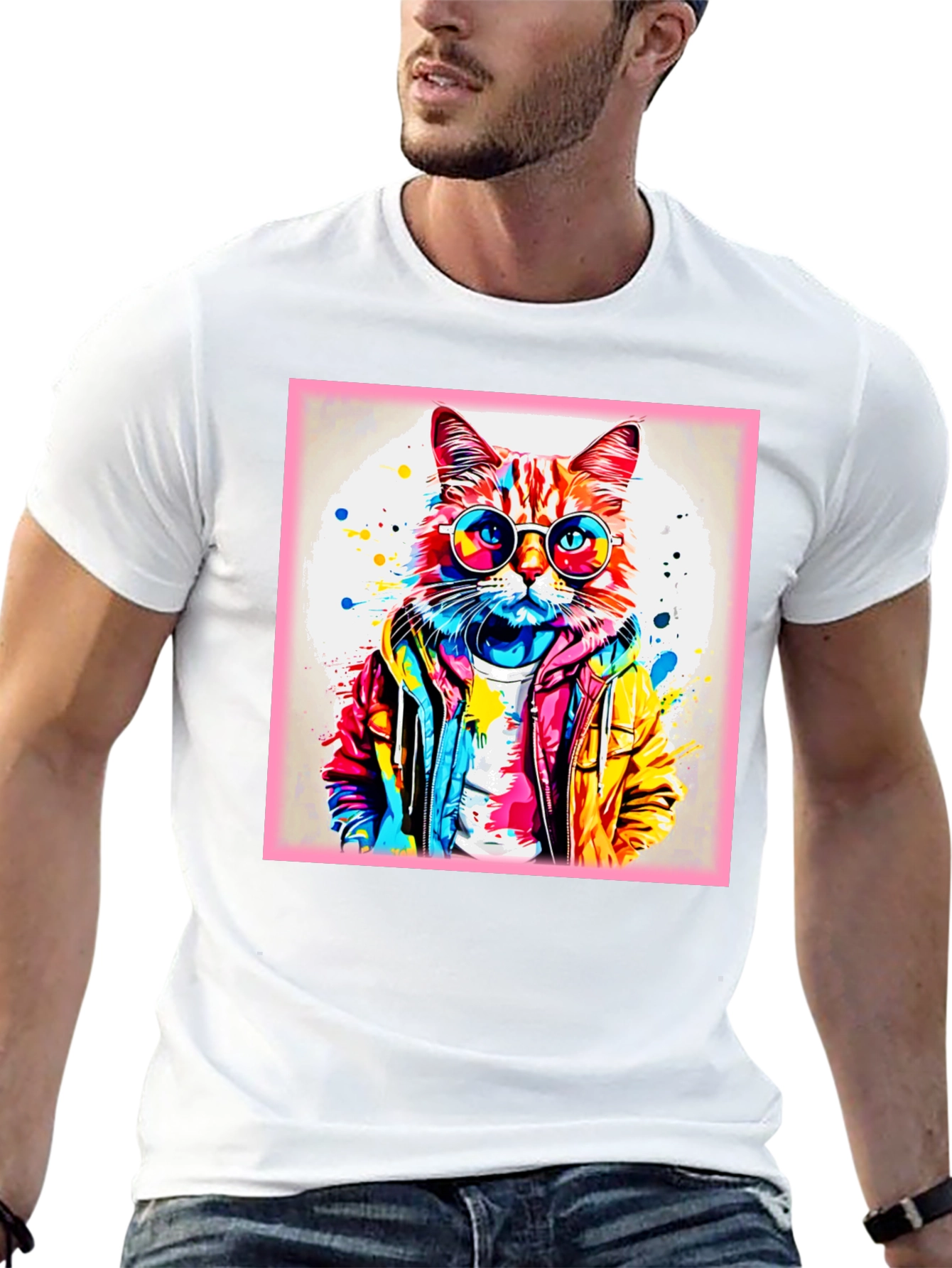 Black Cool Cat Graphic Tee - Colorful Art Design view 13