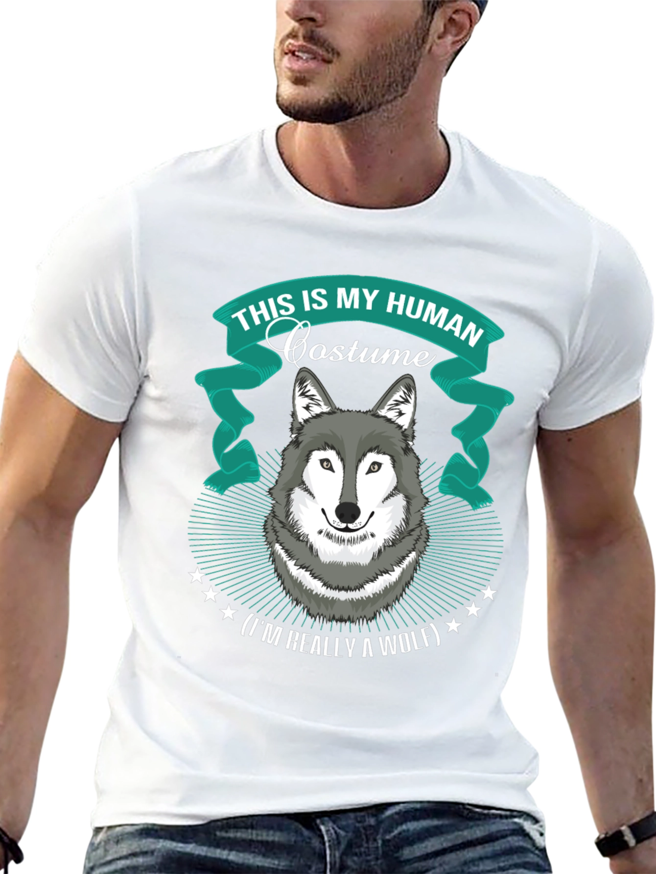 Black Human Costume Wolf T-Shirt Funny Halloween Apparel view 13