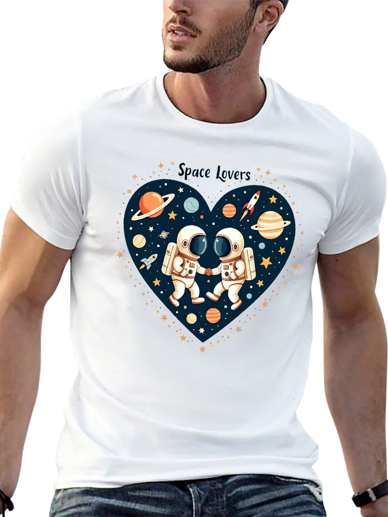 Black Space Lovers Graphic T-Shirt - Astronauts in Love! view 13