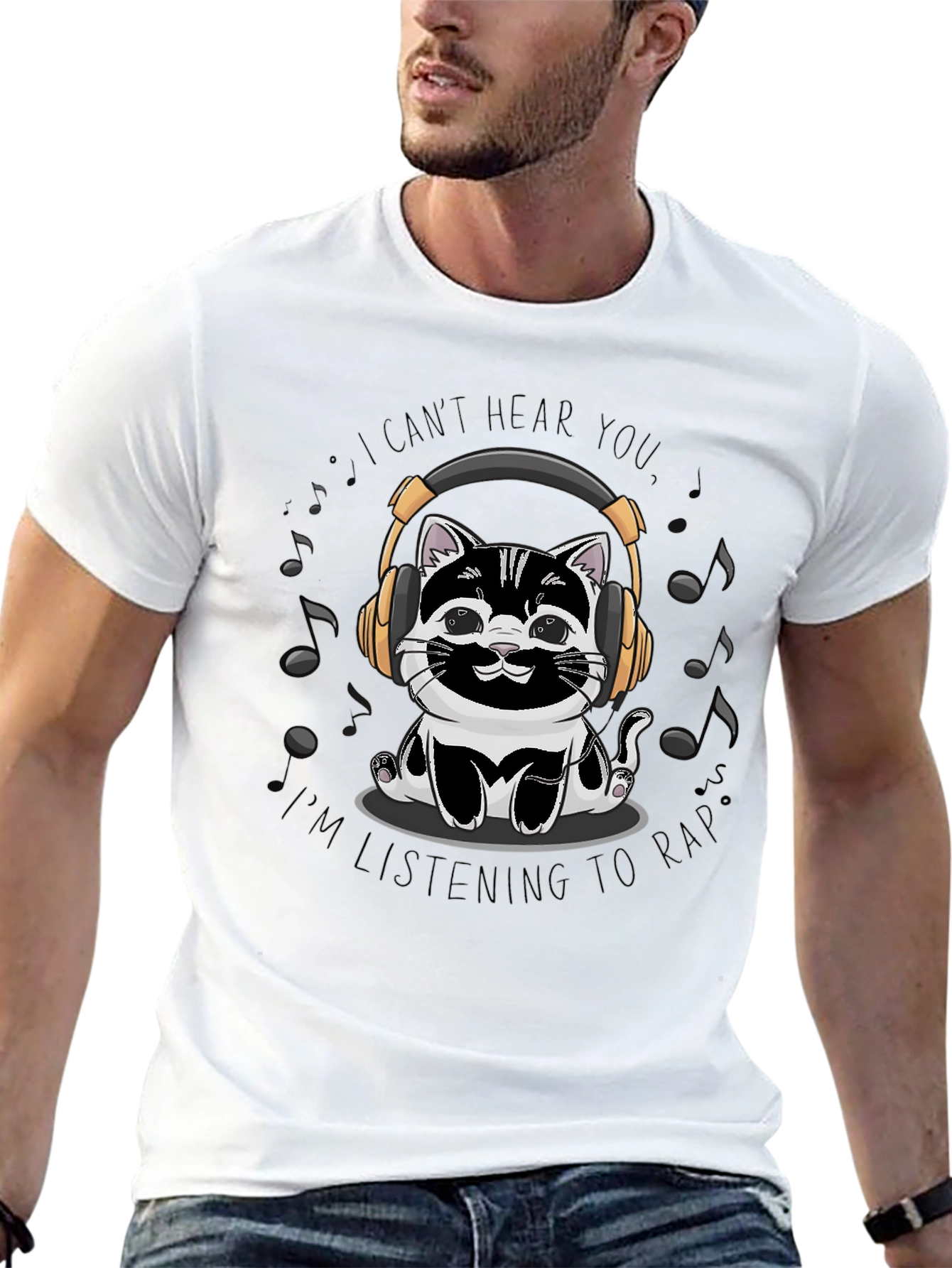 Black Cat Headphones T-Shirt - I Can't Hear You, Listening to Rap view 13