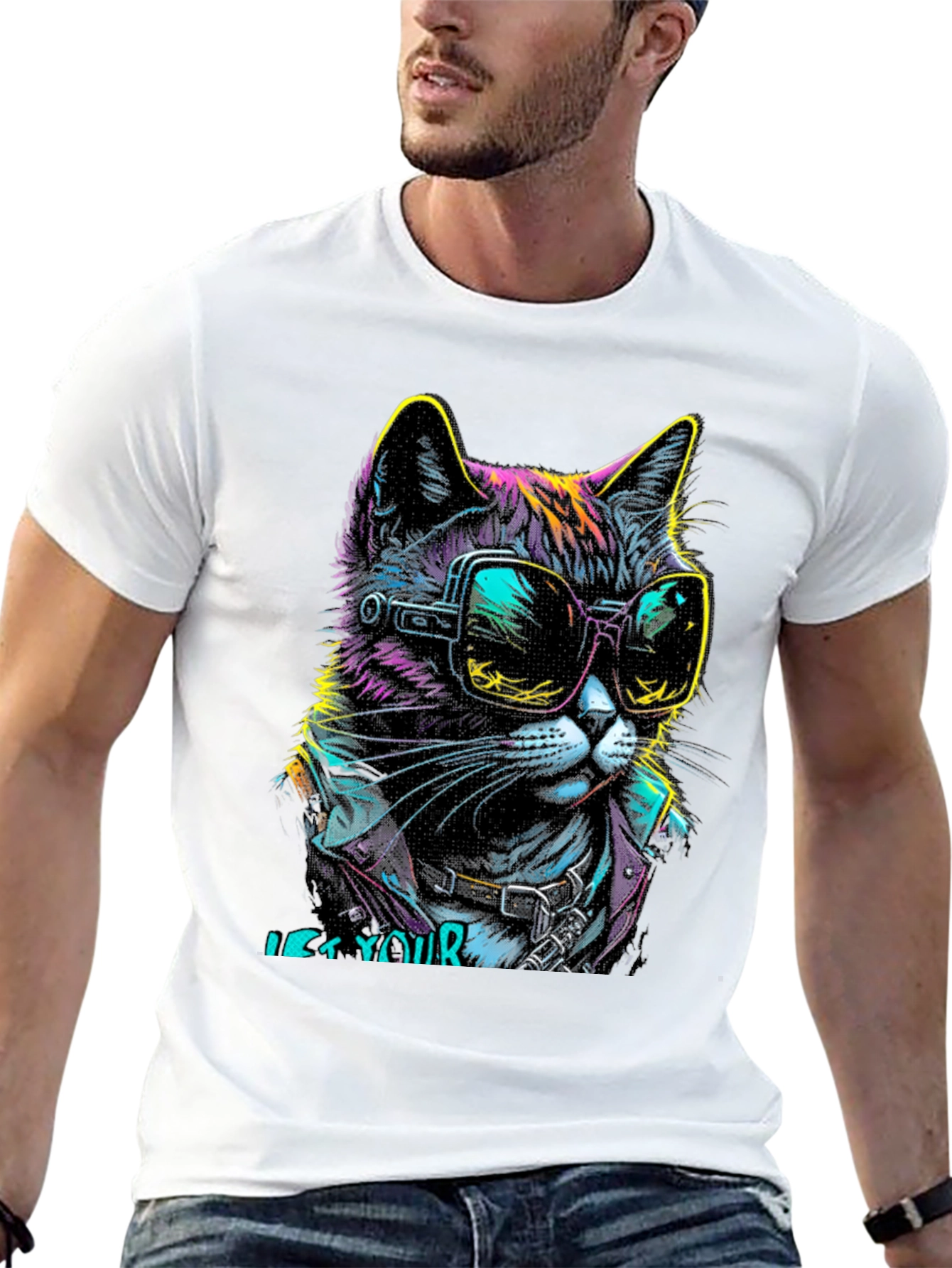 Black Cool Cat Graphic T-Shirt - Unique Neon Design view 13