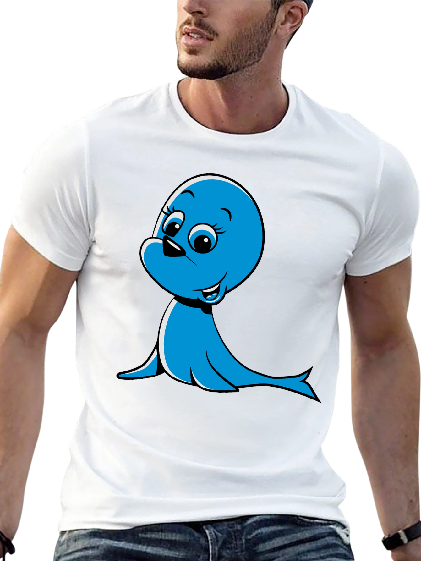 Black Blue Cartoon Seal Graphic T-Shirt view 13