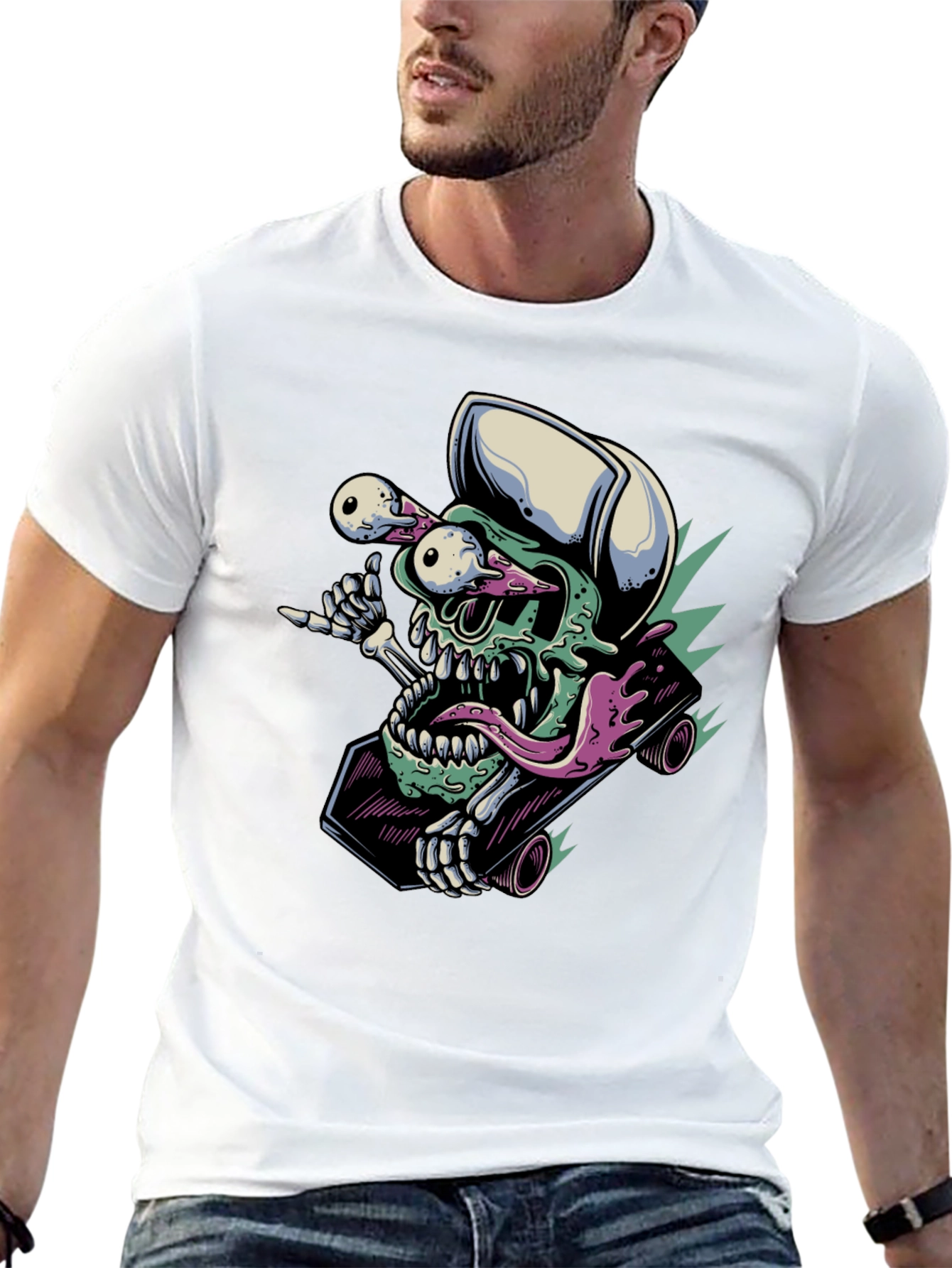 Black Skateboarding Skull T-Shirt - Unique Graphic Tee view 13