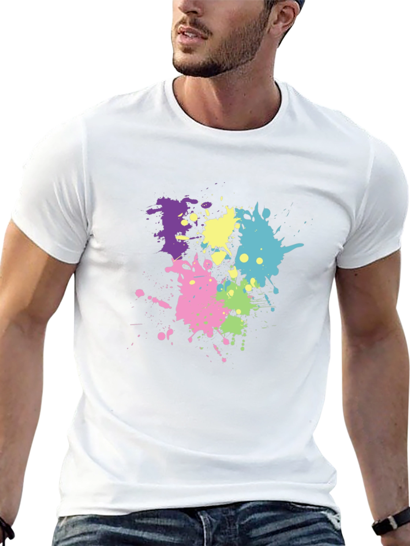 Black Men's Black T-Shirt with Colorful Paint Splatter Design view 13