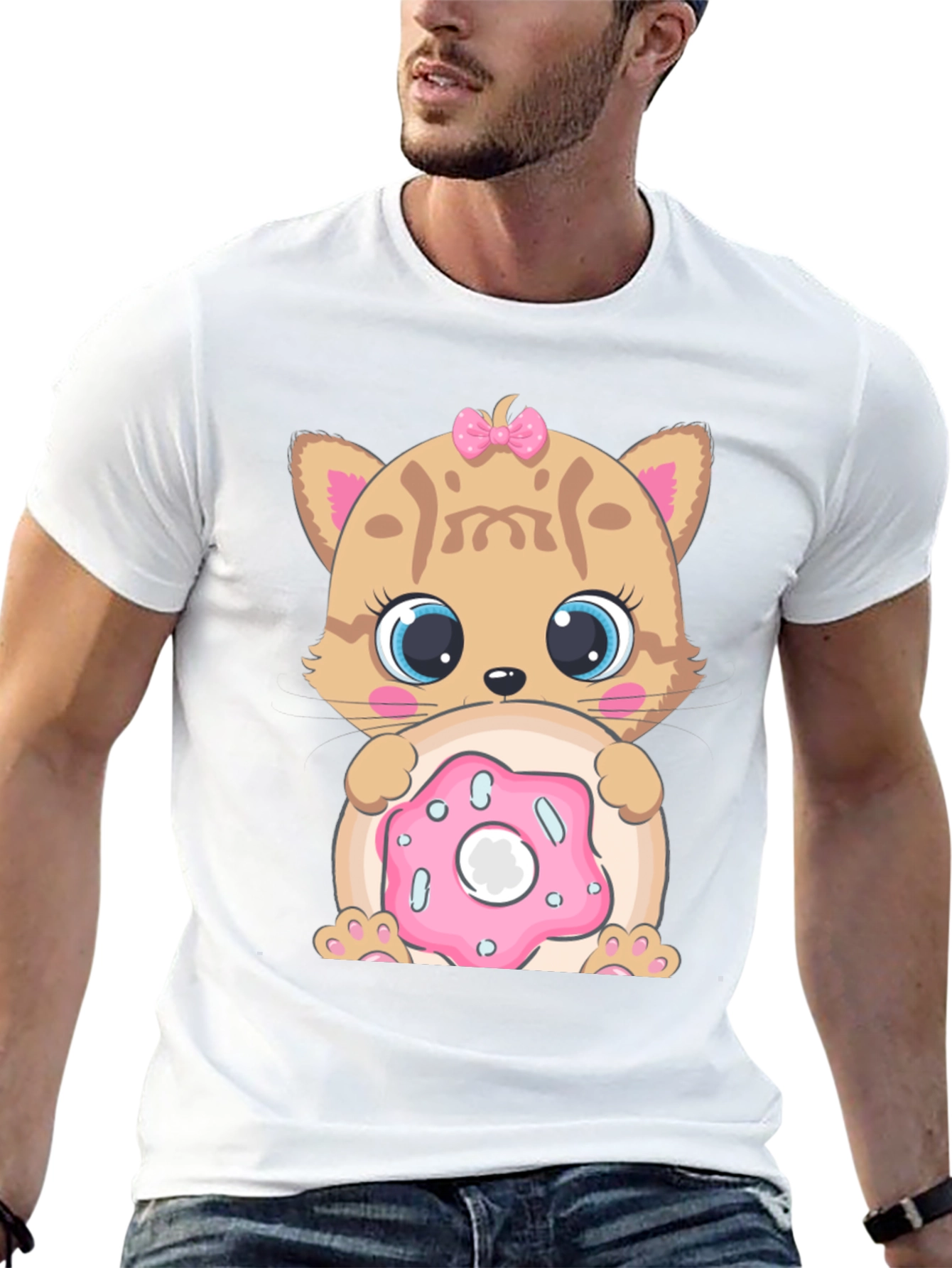 Black Cute Cat & Donut Graphic T-Shirt view 13