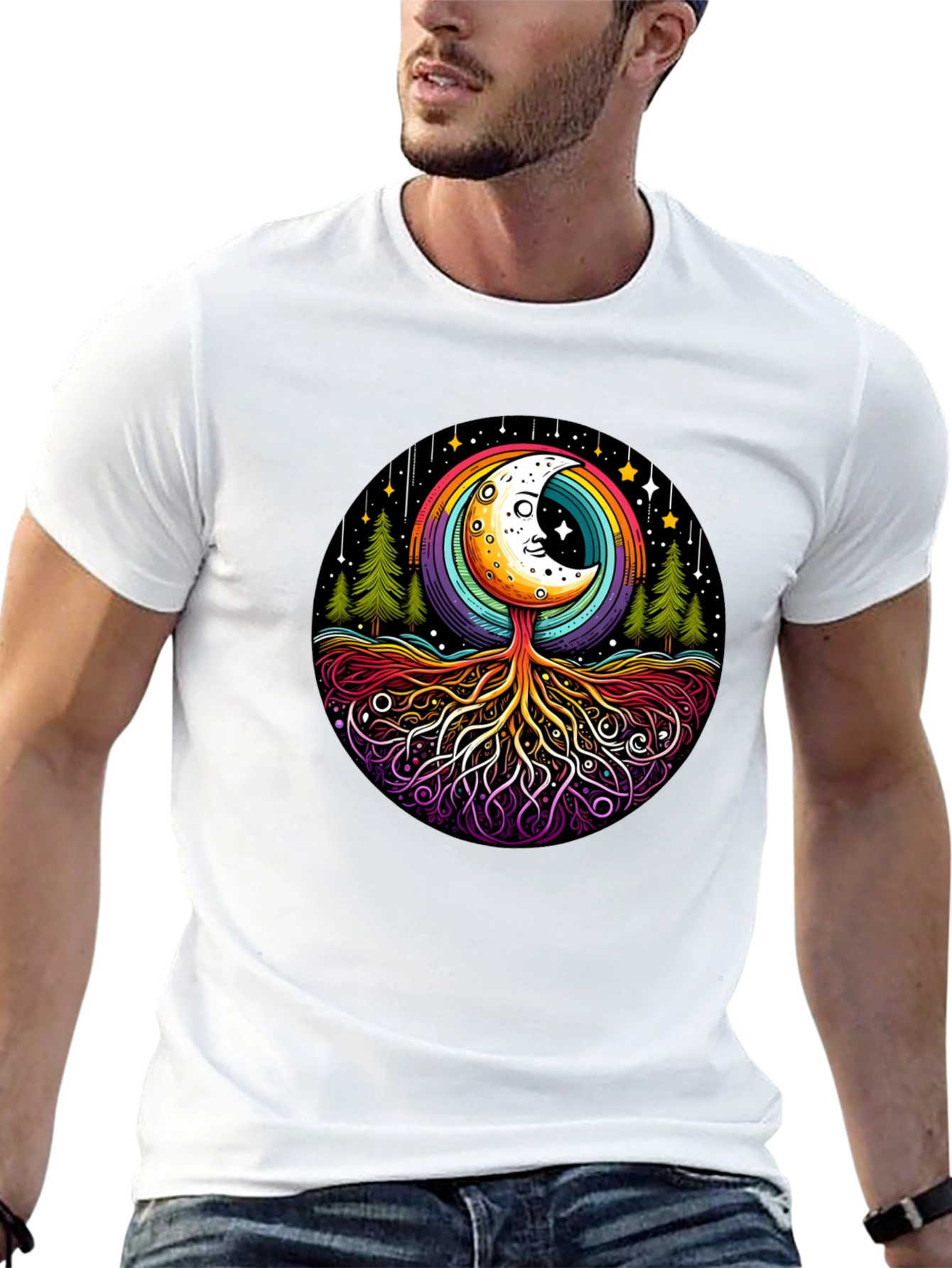 Black Rainbow Moon Tree Graphic Tee - Black Cotton Blend view 13