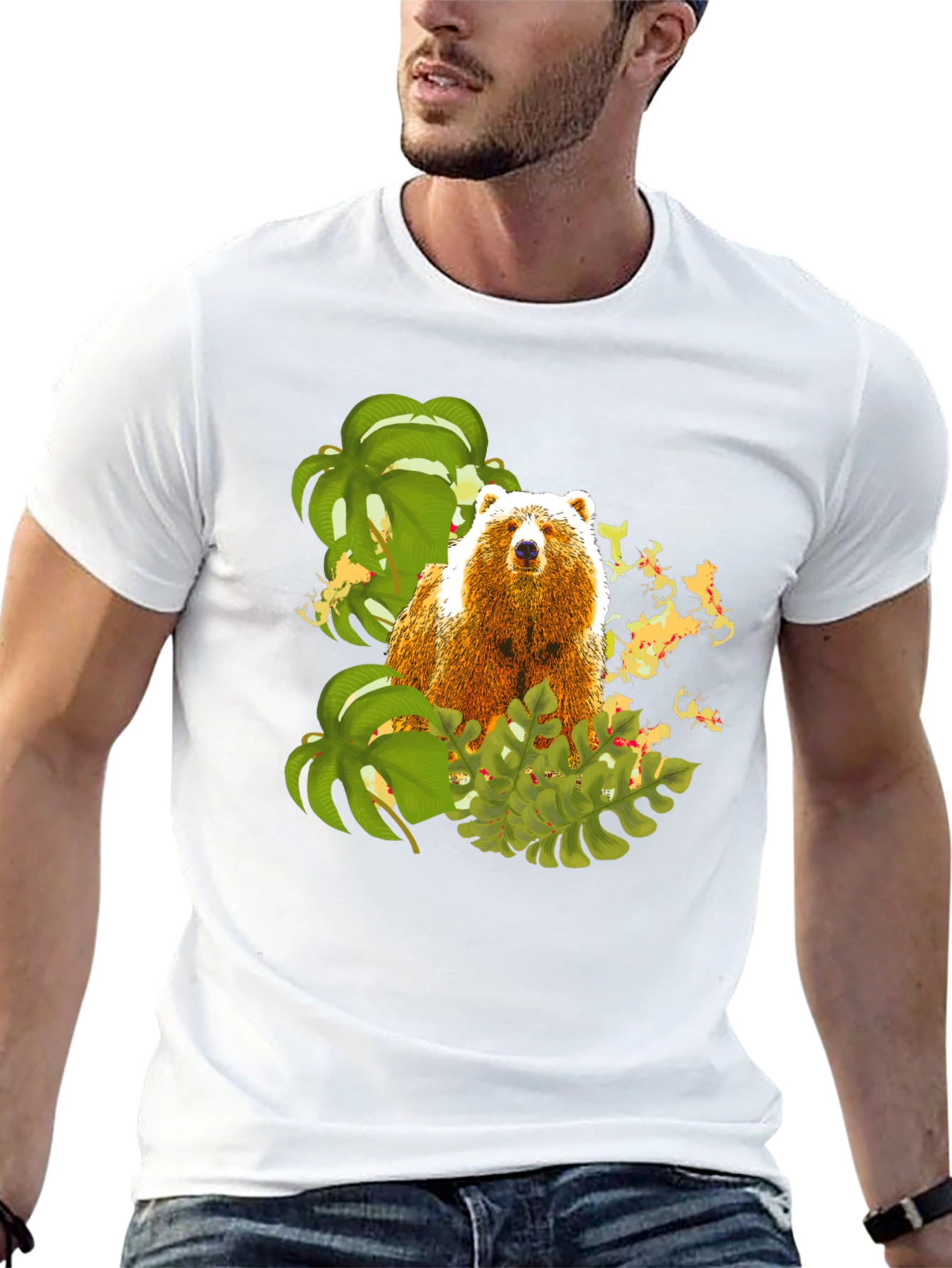 Black Bear and Tropical Leaves Graphic Tee view 13