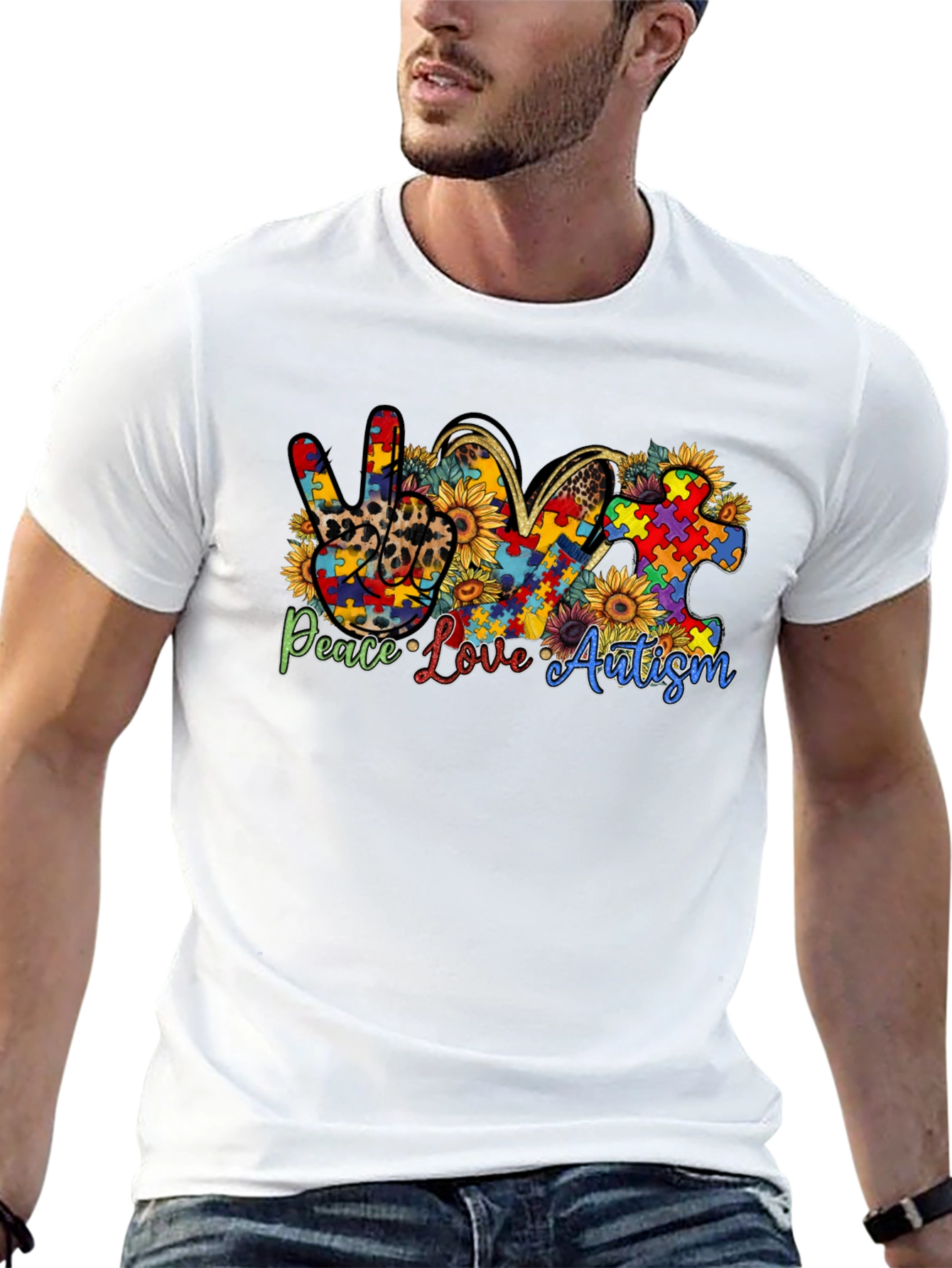 Black Peace Love Autism Awareness T-Shirt view 13