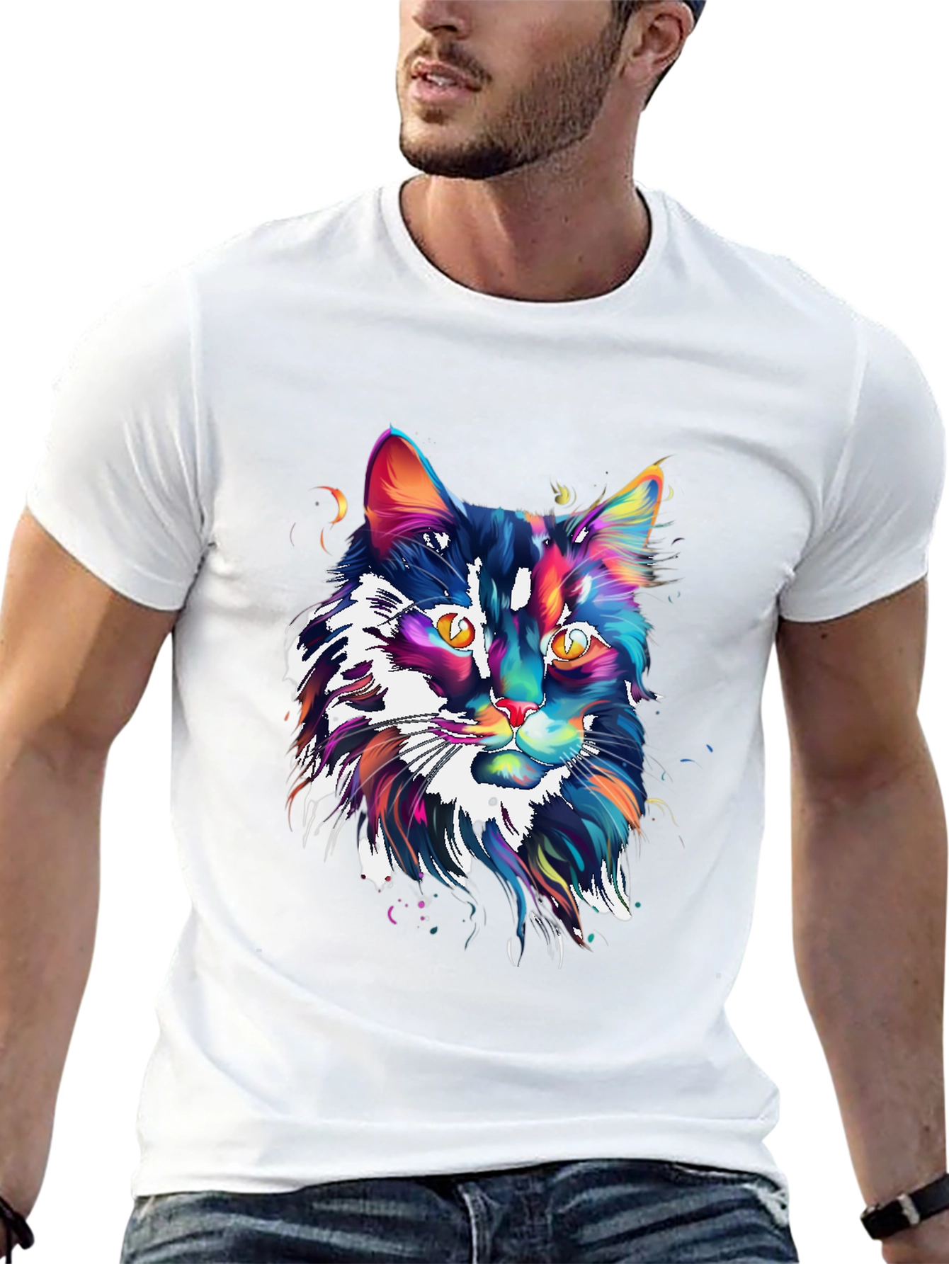 Black Colorful Cat Graphic Black T-Shirt view 13