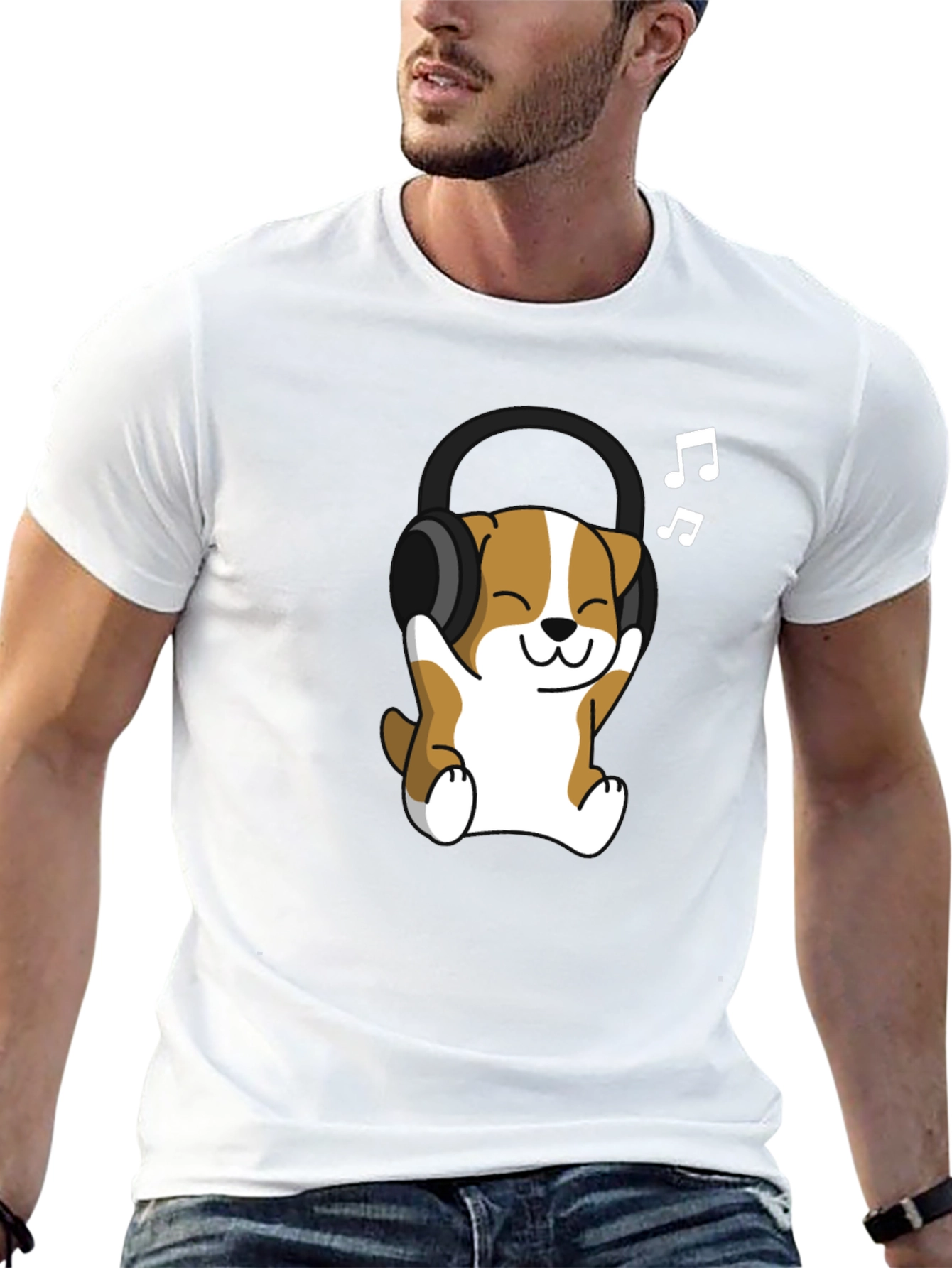 Black Cute Dog with Headphones Black T-Shirt view 13