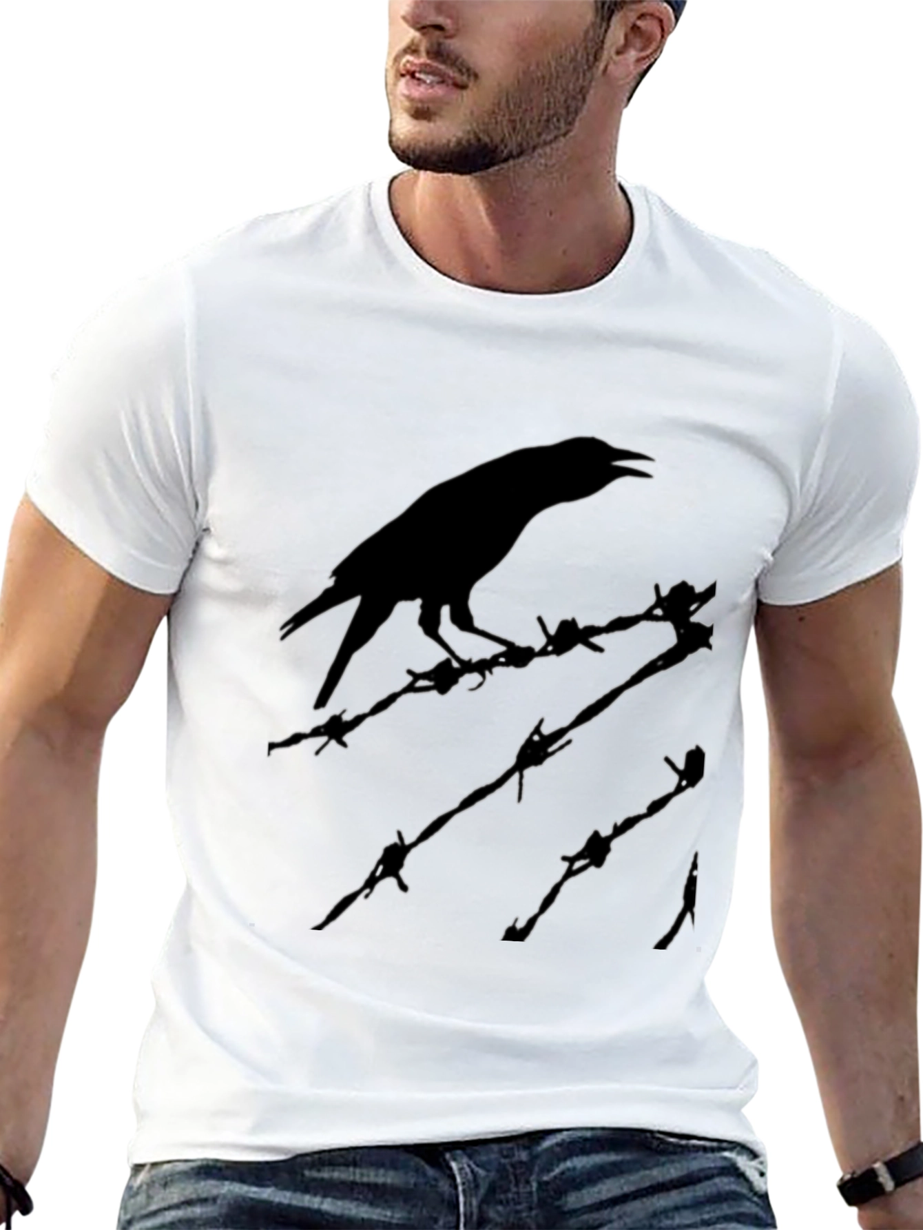 Black Raven on Barbed Wire T-Shirt - Edgy Graphic Tee view 13