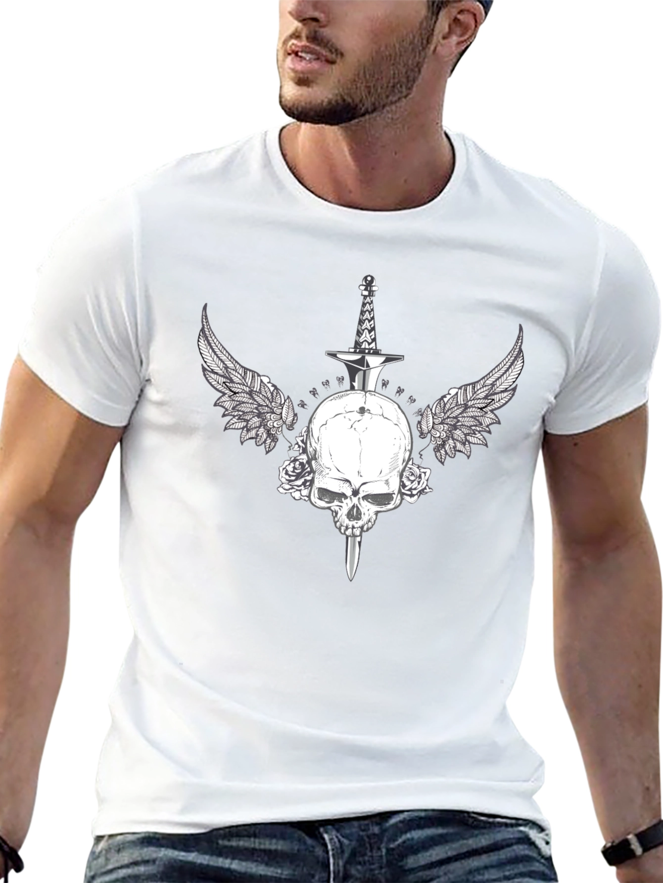 Black Skull Sword Wings Graphic Tee - Black Cotton Blend view 13