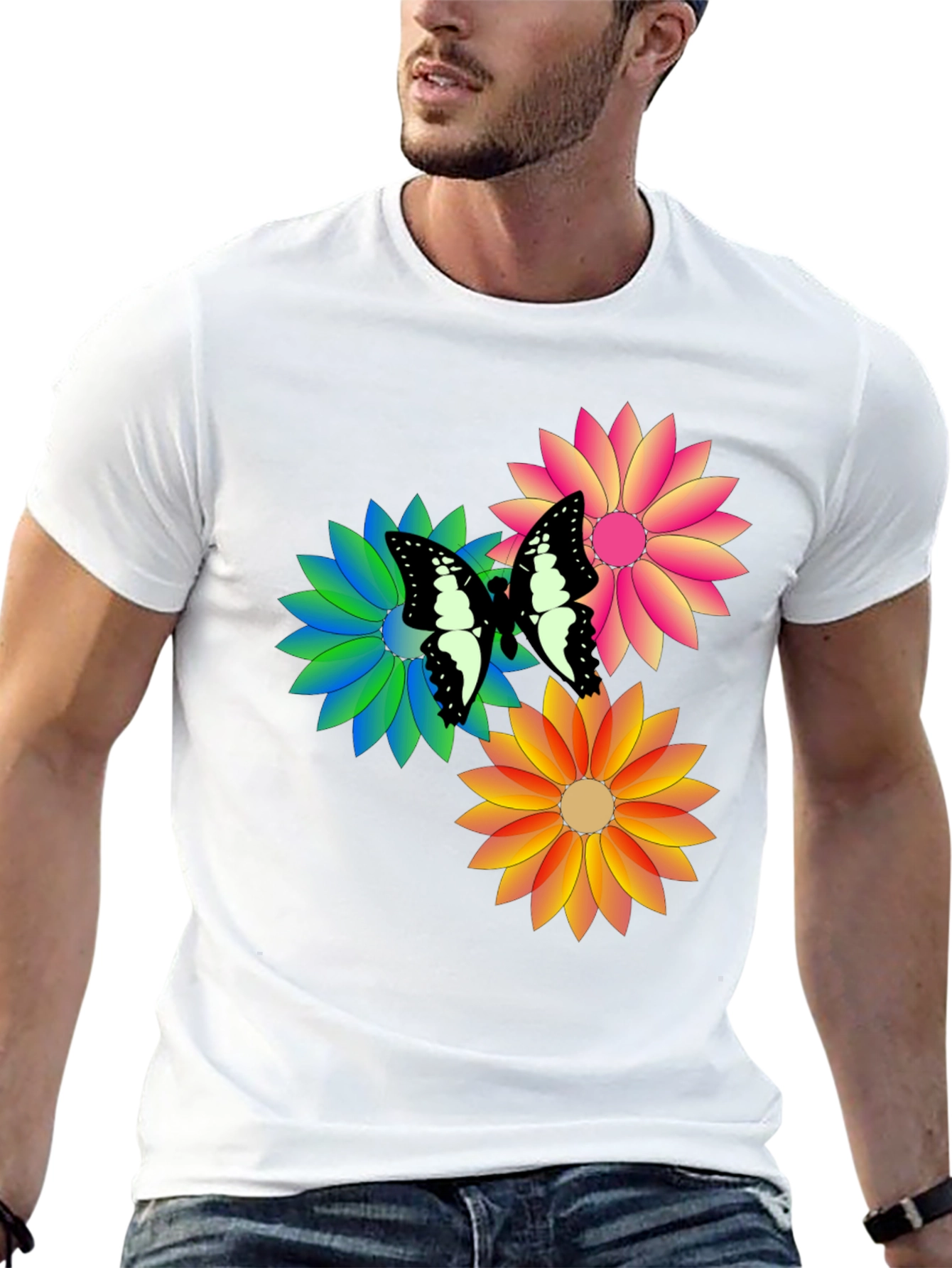 Black Butterfly & Flowers Graphic Print Black T-Shirt view 13