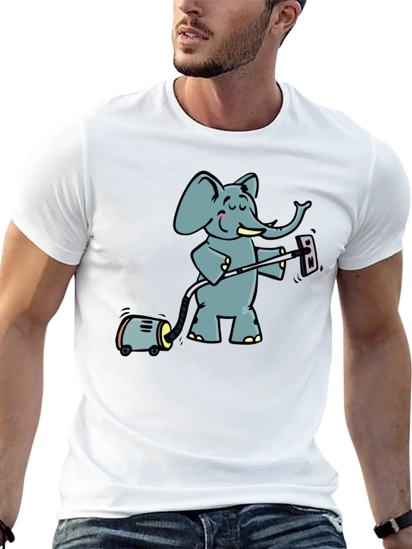 Black Elephant Vacuuming T-Shirt - Cute Cartoon Graphic Tee view 13