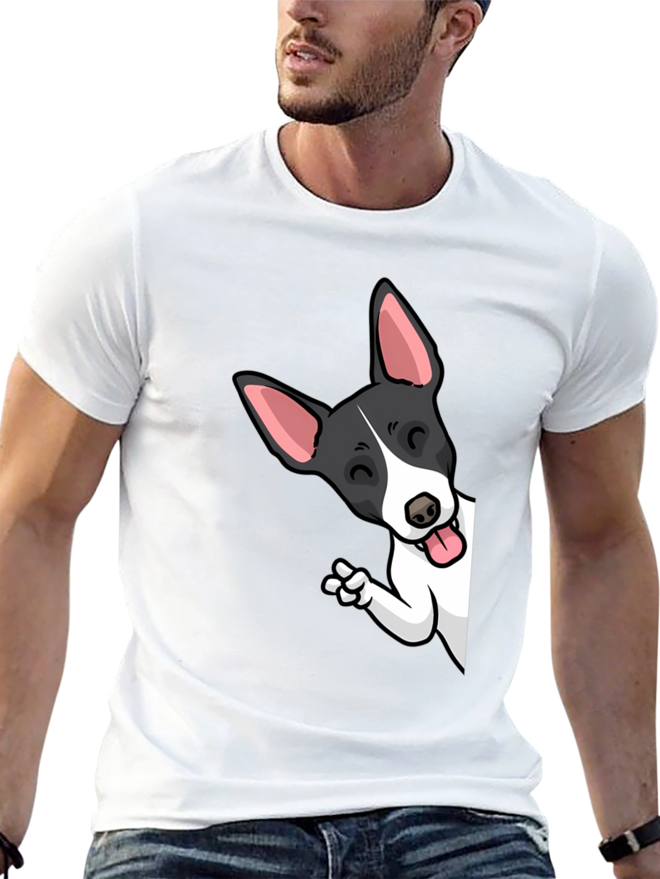 Black Cartoon Dog Peek-a-Boo Graphic Tee - Unisex Black T-Shirt view 13