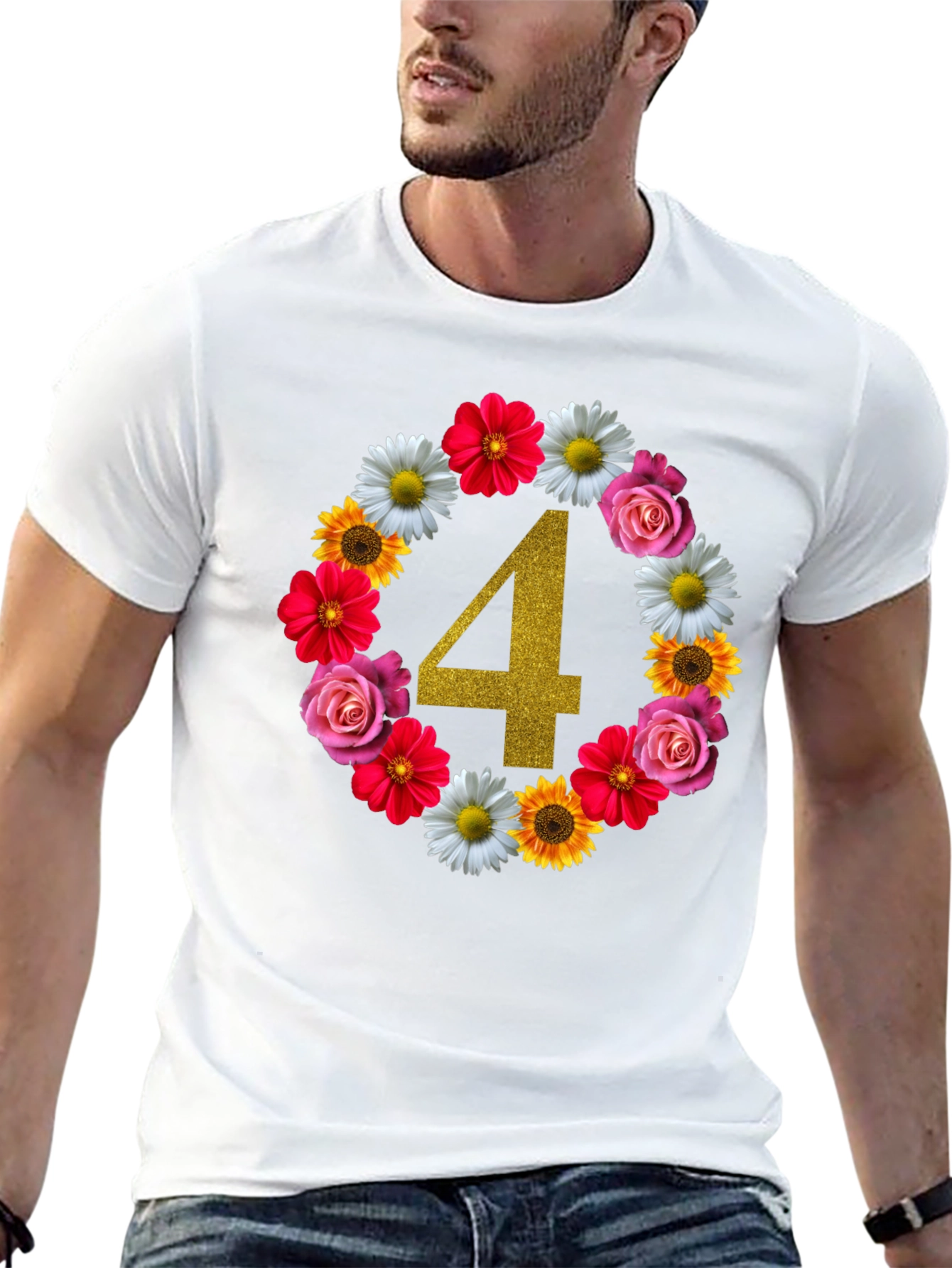 Black Floral Number 4 Birthday T-Shirt view 13