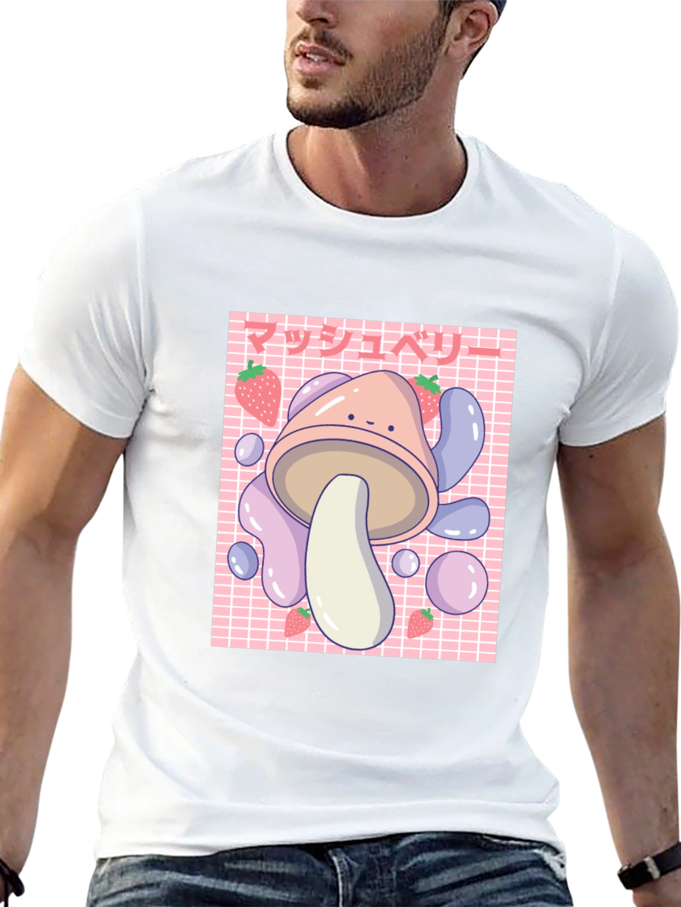 Black Cute Mushroom & Strawberry Graphic T-Shirt view 13