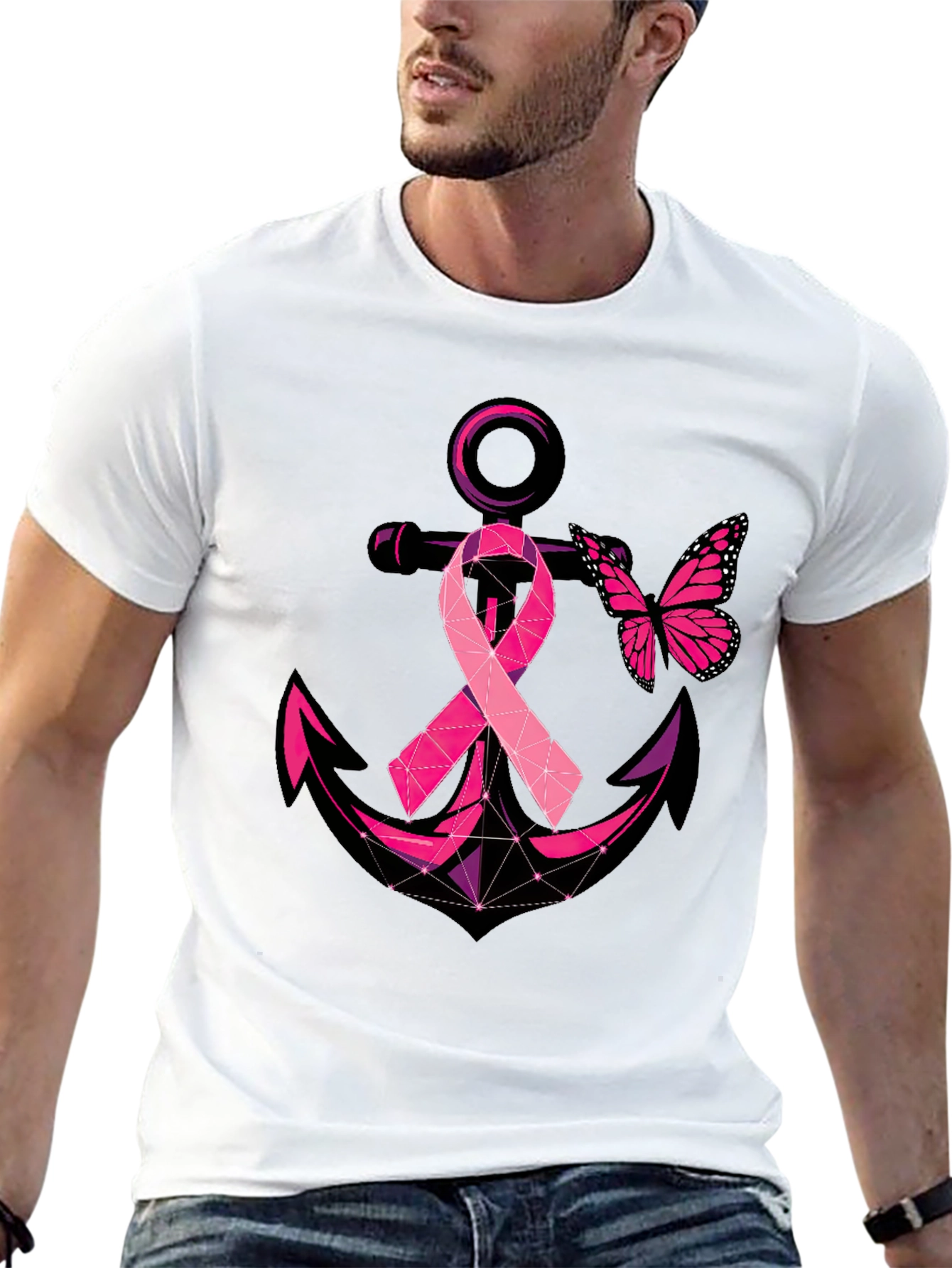Black Breast Cancer Anchor Butterfly T-Shirt view 13