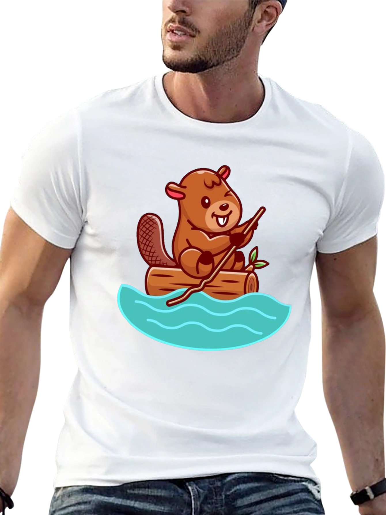 Black Beaver on Log Cartoon T-Shirt - Unisex Crew Neck view 13