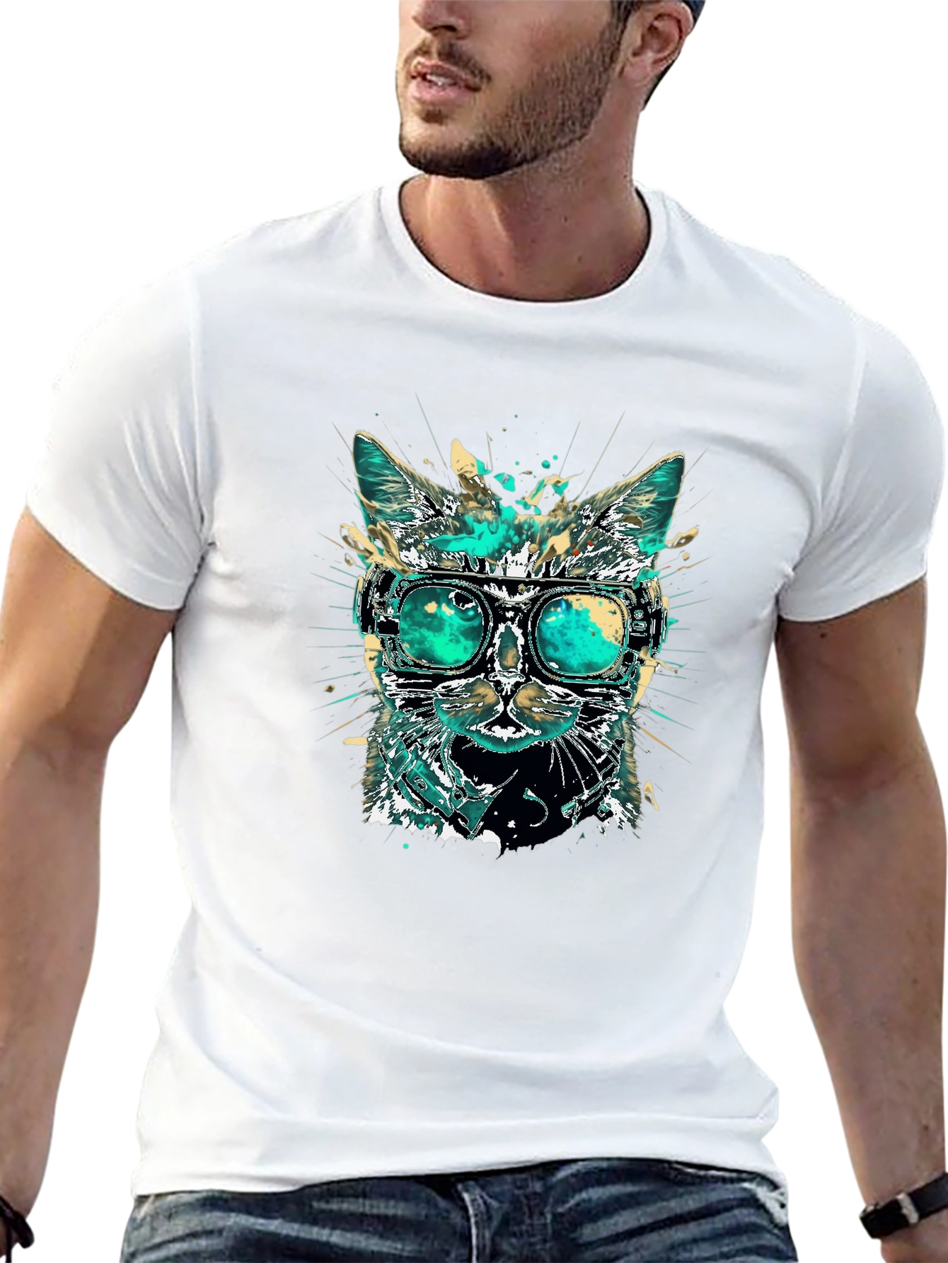 Black Cool Cat T-Shirt with Goggles view 13