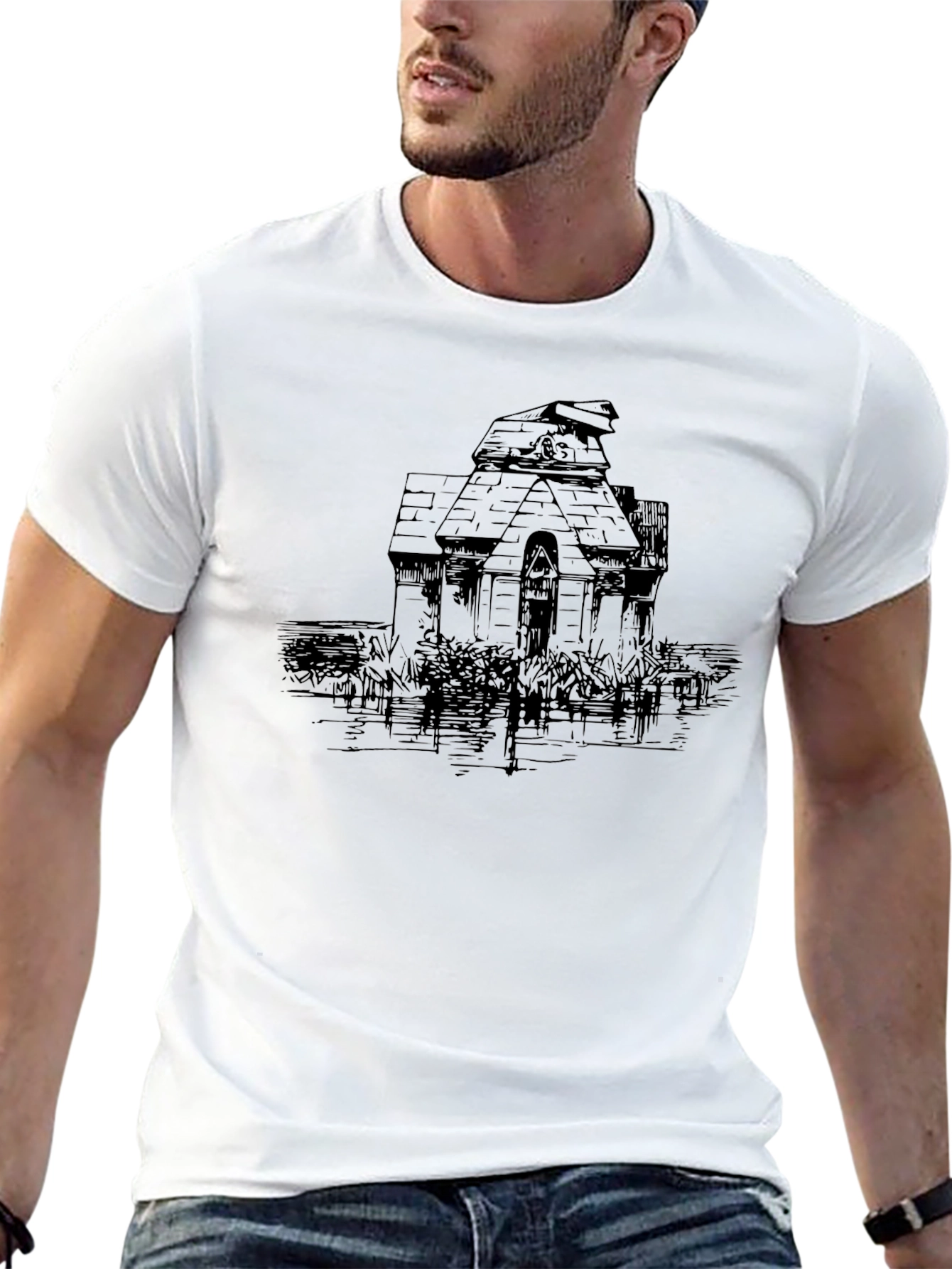 Black Men's Black Tee with Haunted House Graphic view 13