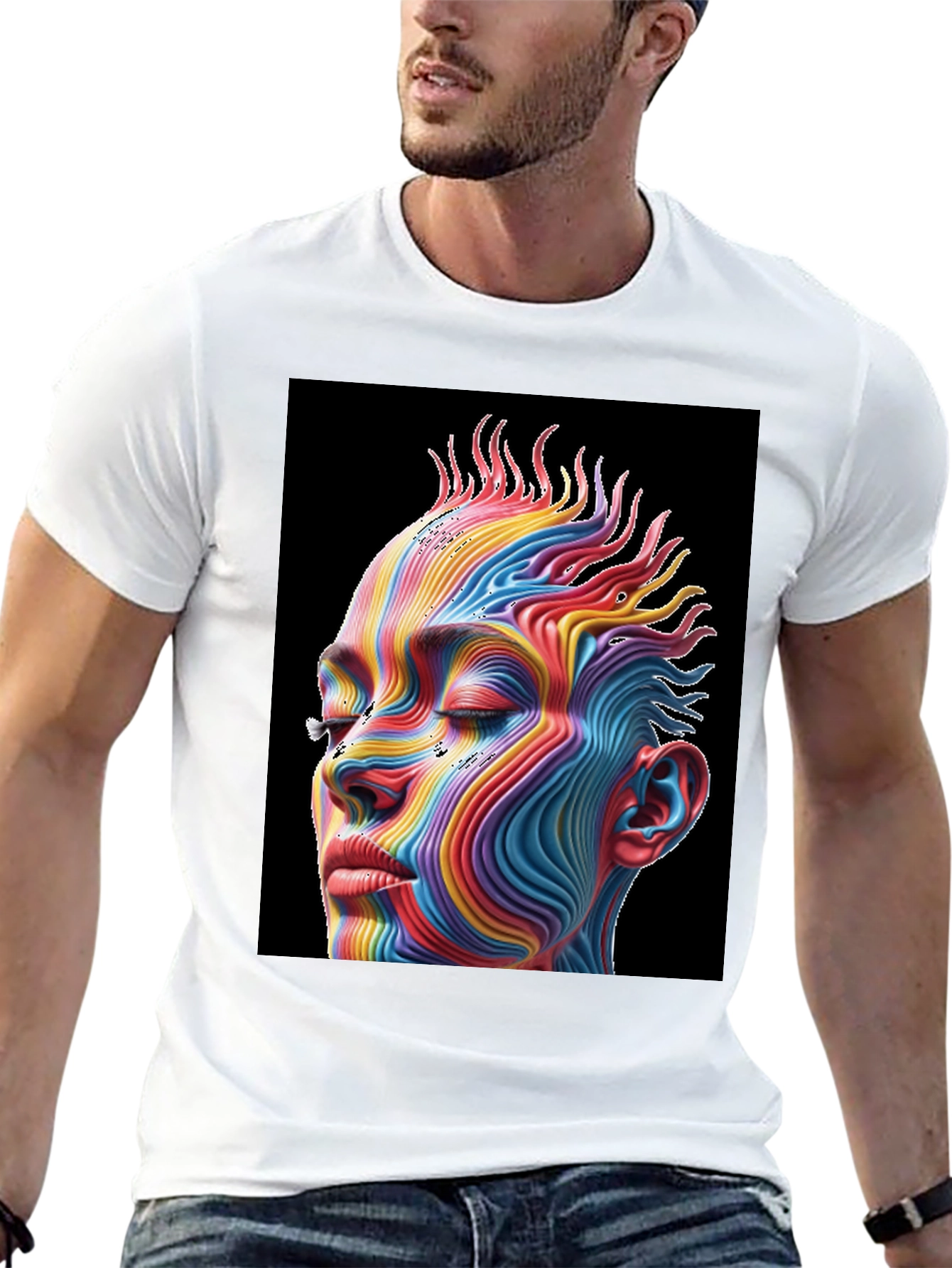 Black Rainbow Abstract Face Graphic Tee - Unisex Black T-Shirt view 13