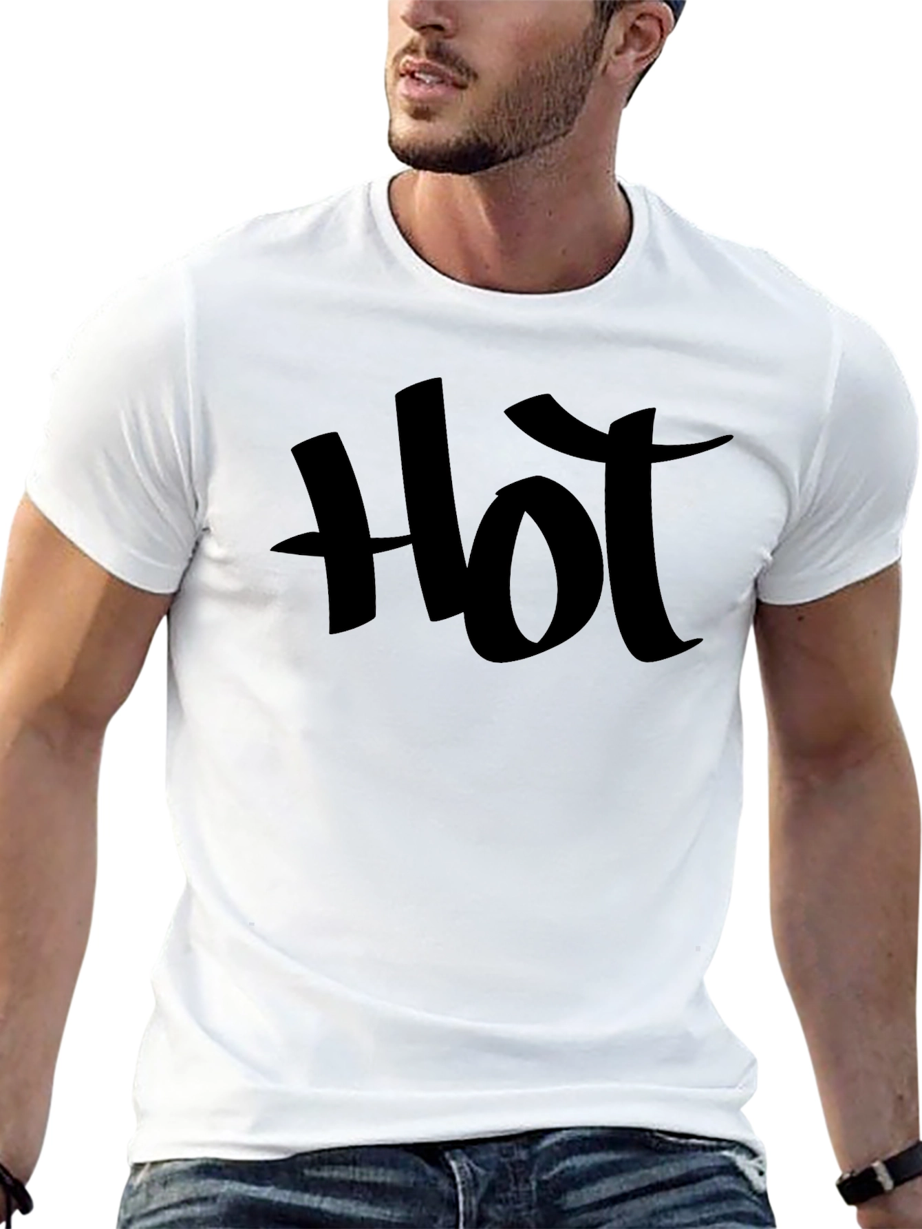 Black Hot Print Black T-Shirt Casual Crew Neck view 13