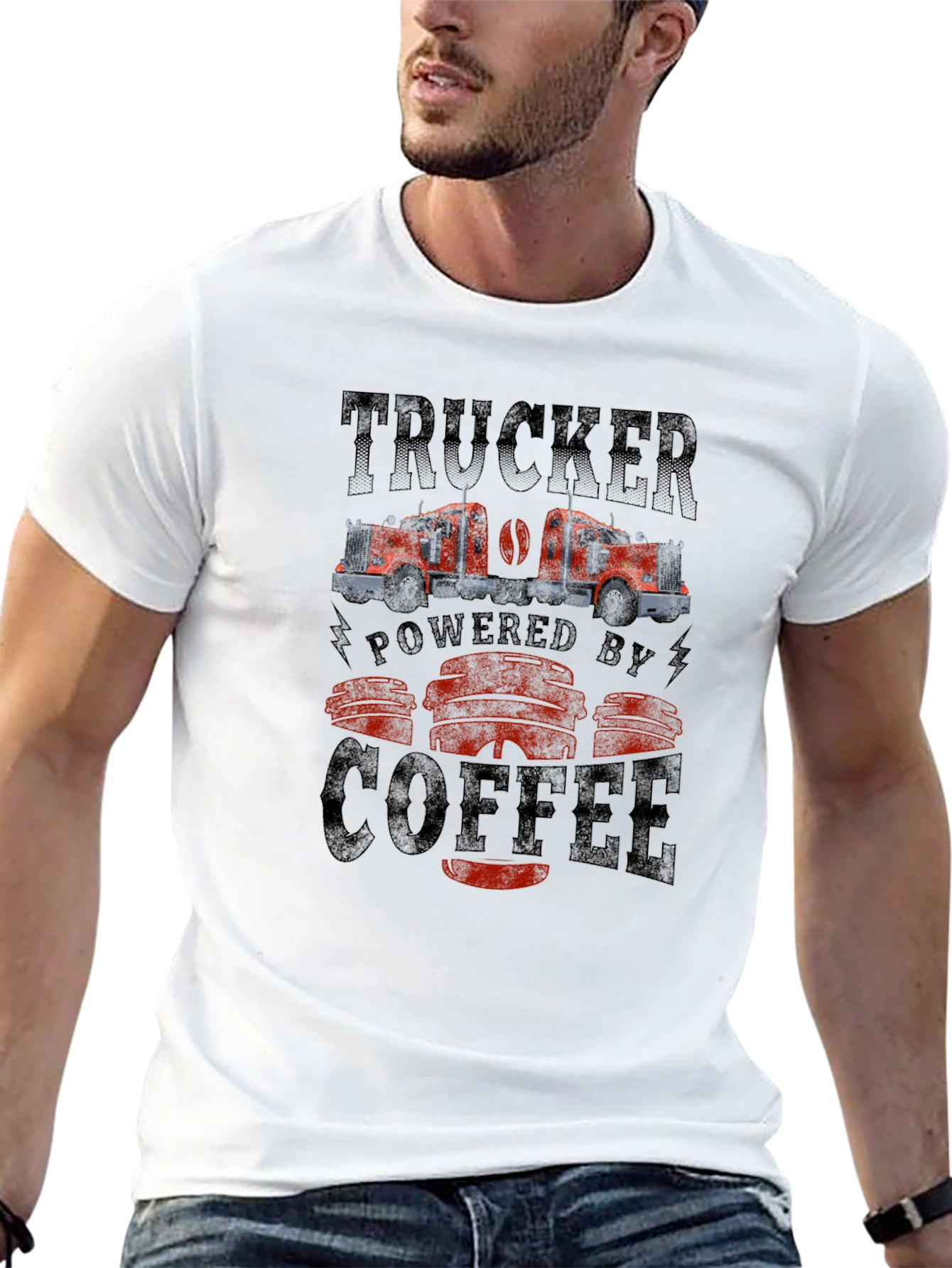 Black Trucker Powered by Coffee Graphic Tee view 13