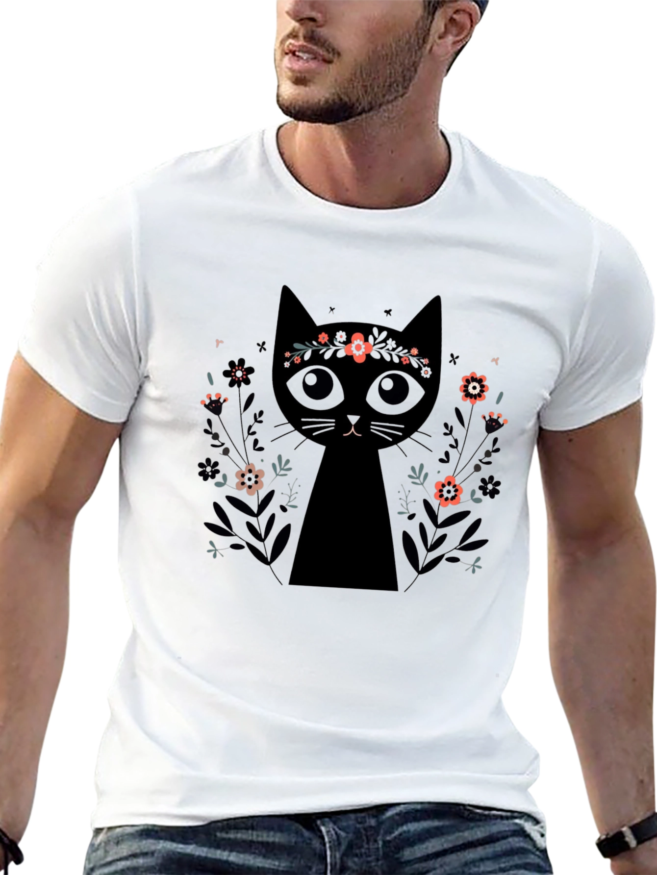 Black Black Cat Floral Crown T-Shirt - Trendy Graphic Tee view 13