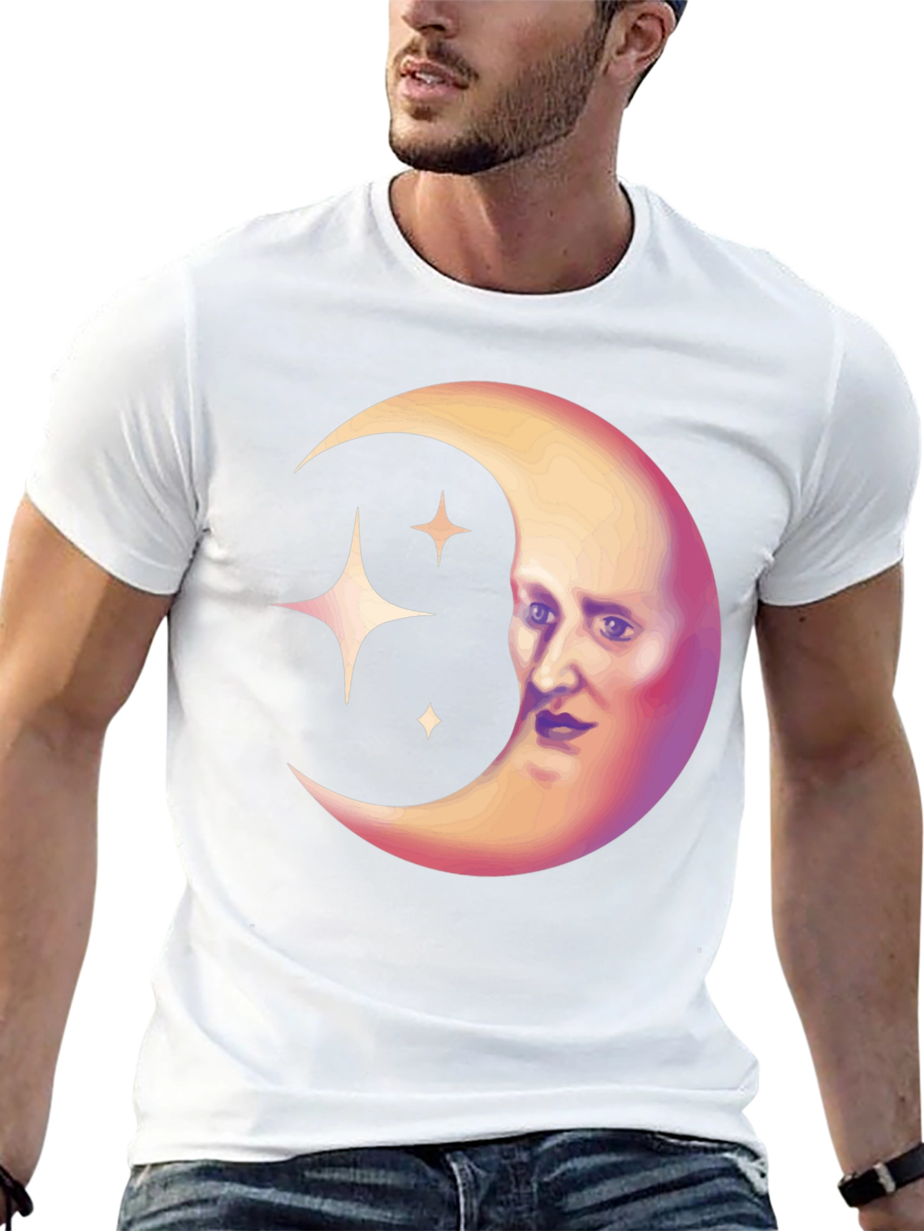 Black Celestial Moon Face Graphic Tee - Unique Design view 13