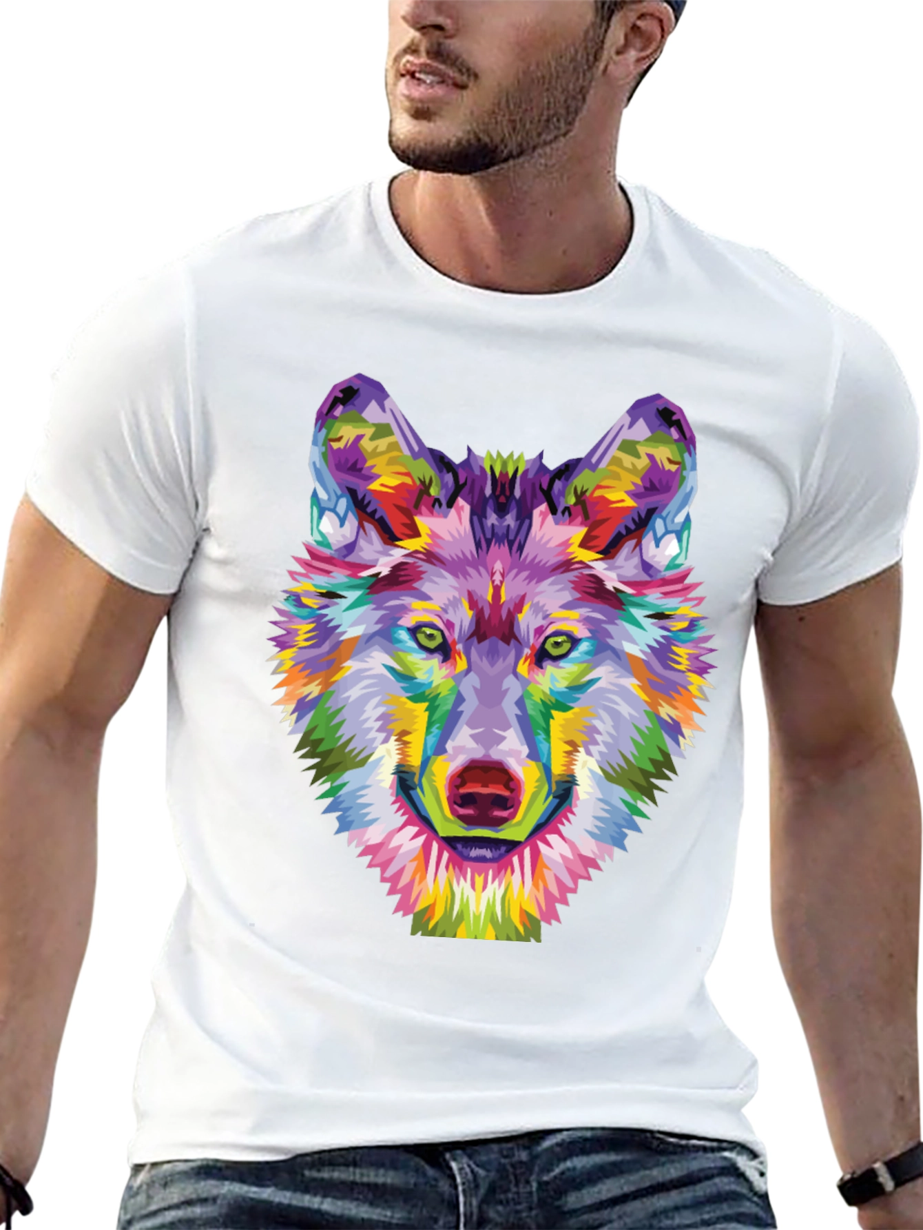 Black Colorful Wolf Graphic Tee - Unique Art Shirt view 13