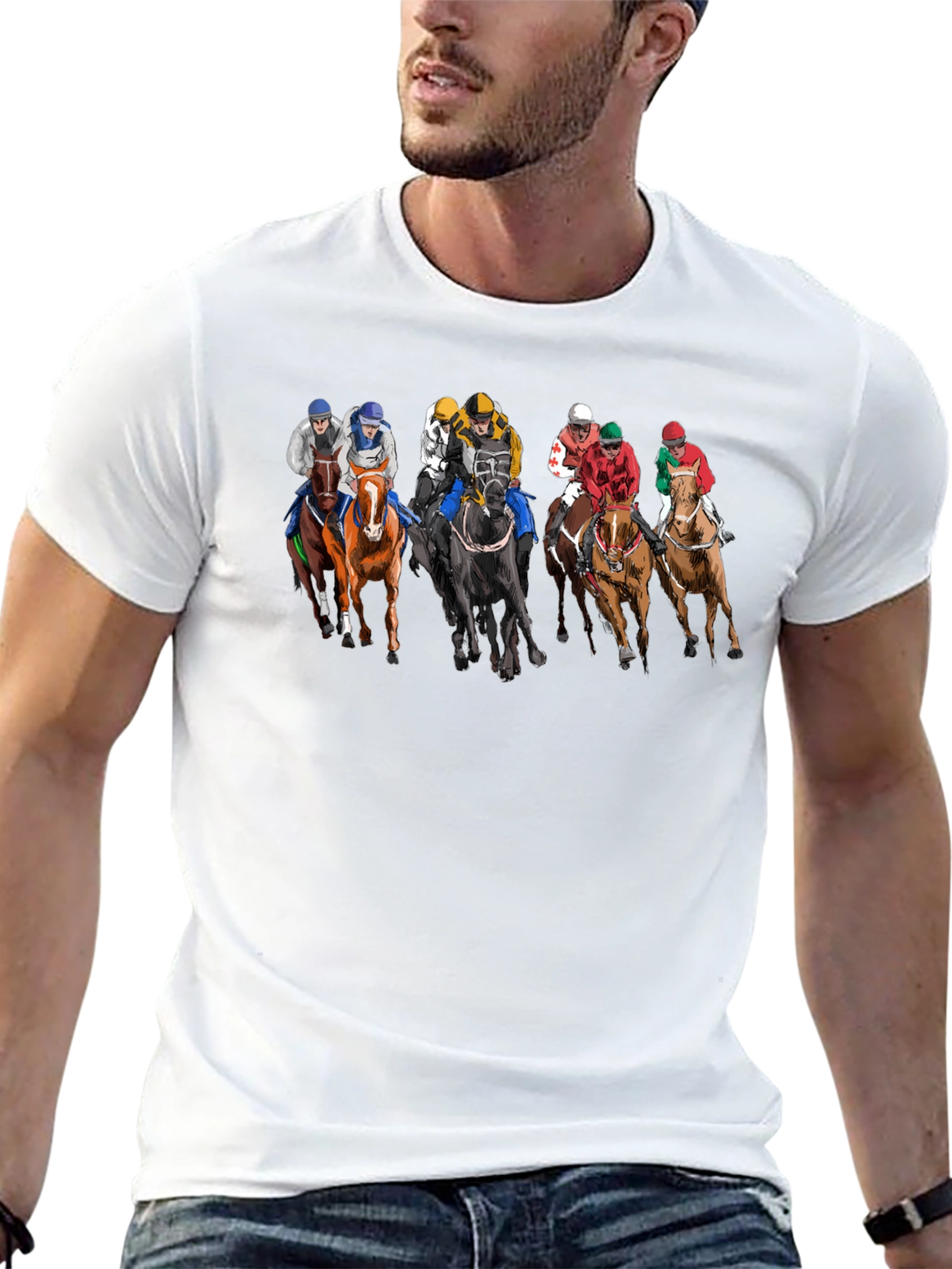 Black Horse Racing Tee - Black Cotton Graphic Print T-Shirt view 13