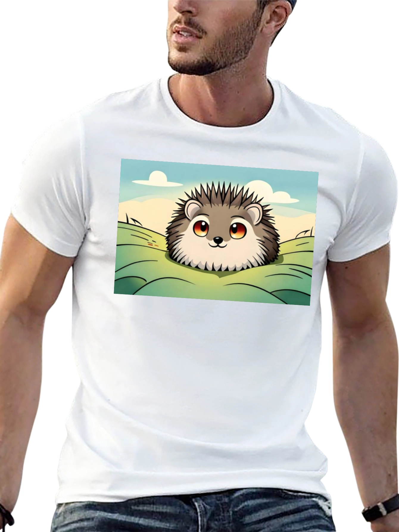 Black Cute Hedgehog Graphic Tee - Black Cotton T-Shirt view 13
