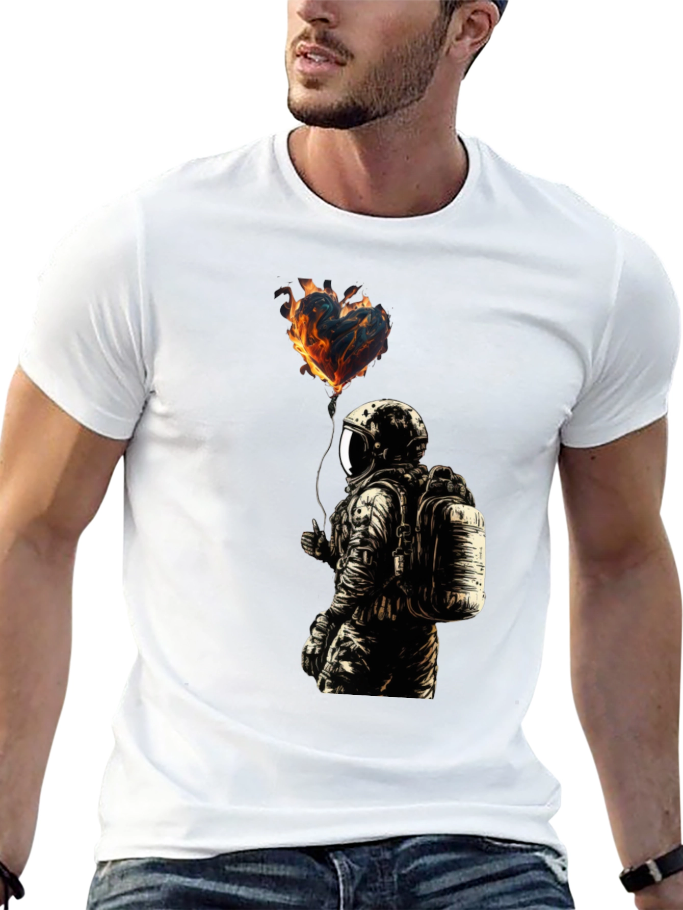 Black Flaming Heart Astronaut Graphic Tee - Black view 13