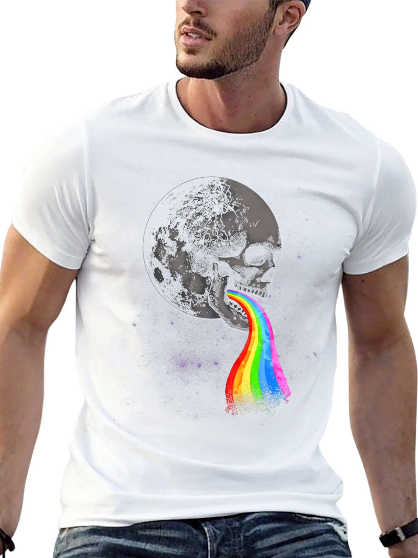 Black Skull & Moon Graphic Print Tee - Colorful Rainbow Vomit Design view 13