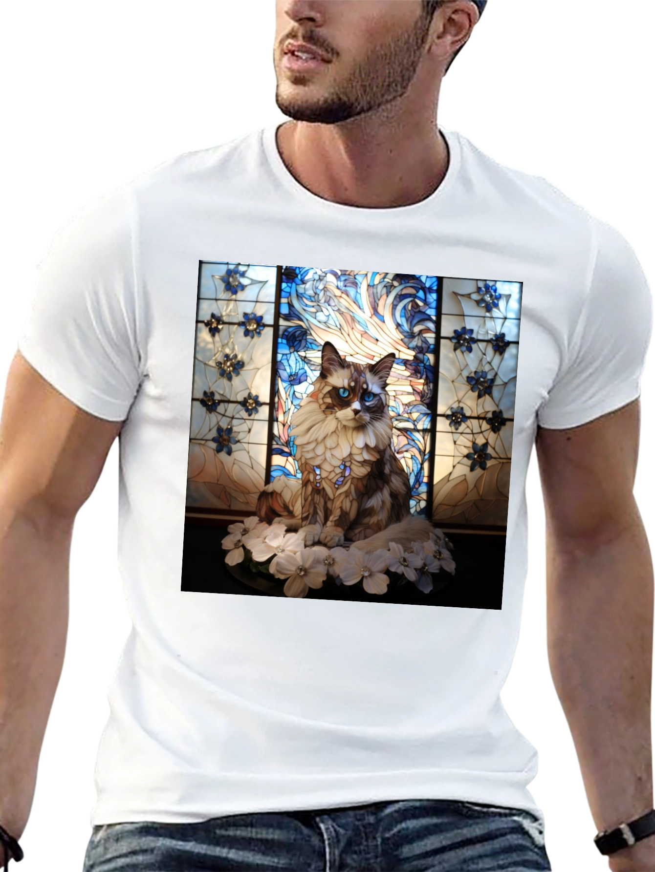 Black Stained Glass Cat Portrait T-Shirt view 13