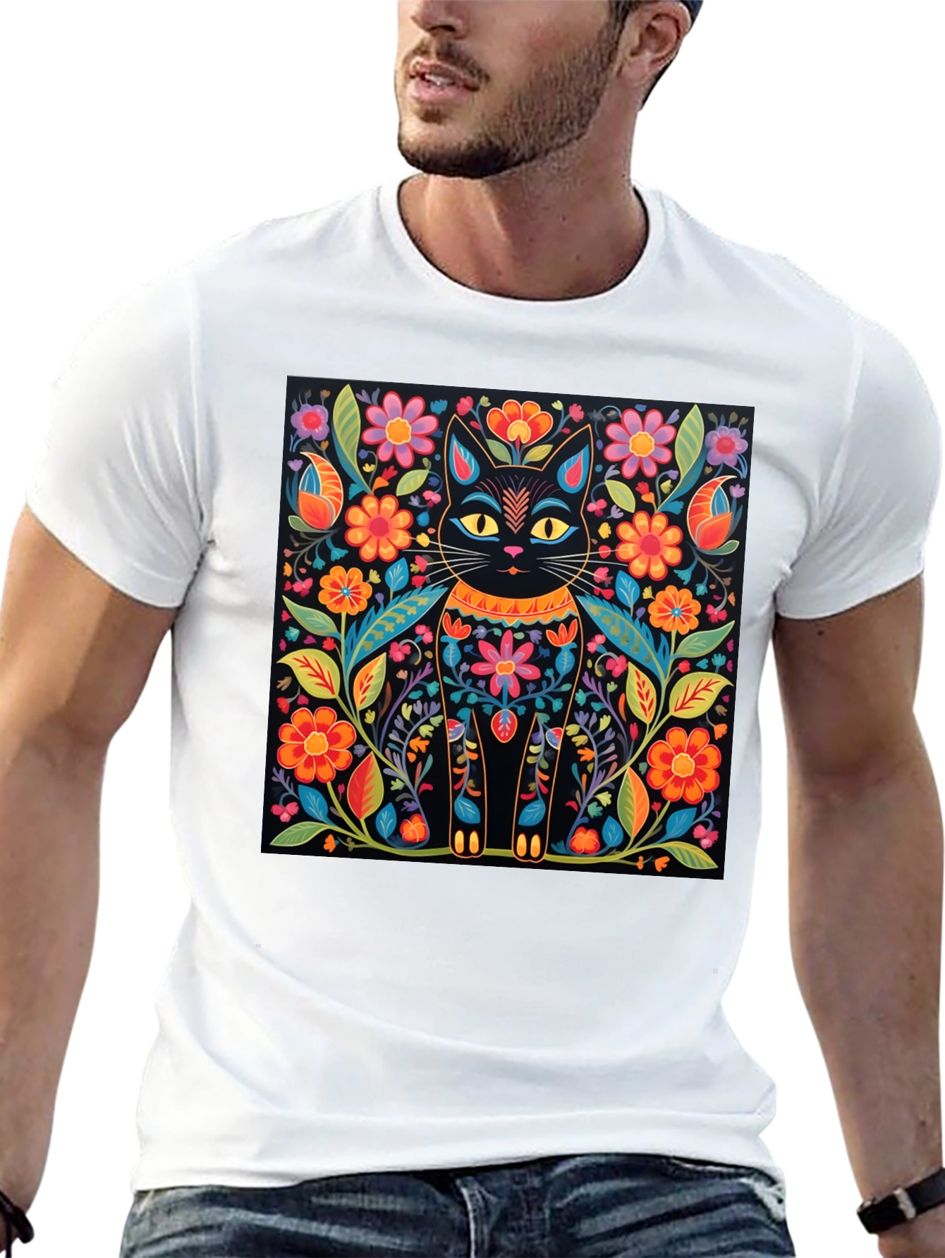 Black Floral Cat Graphic Print Black T-Shirt view 13