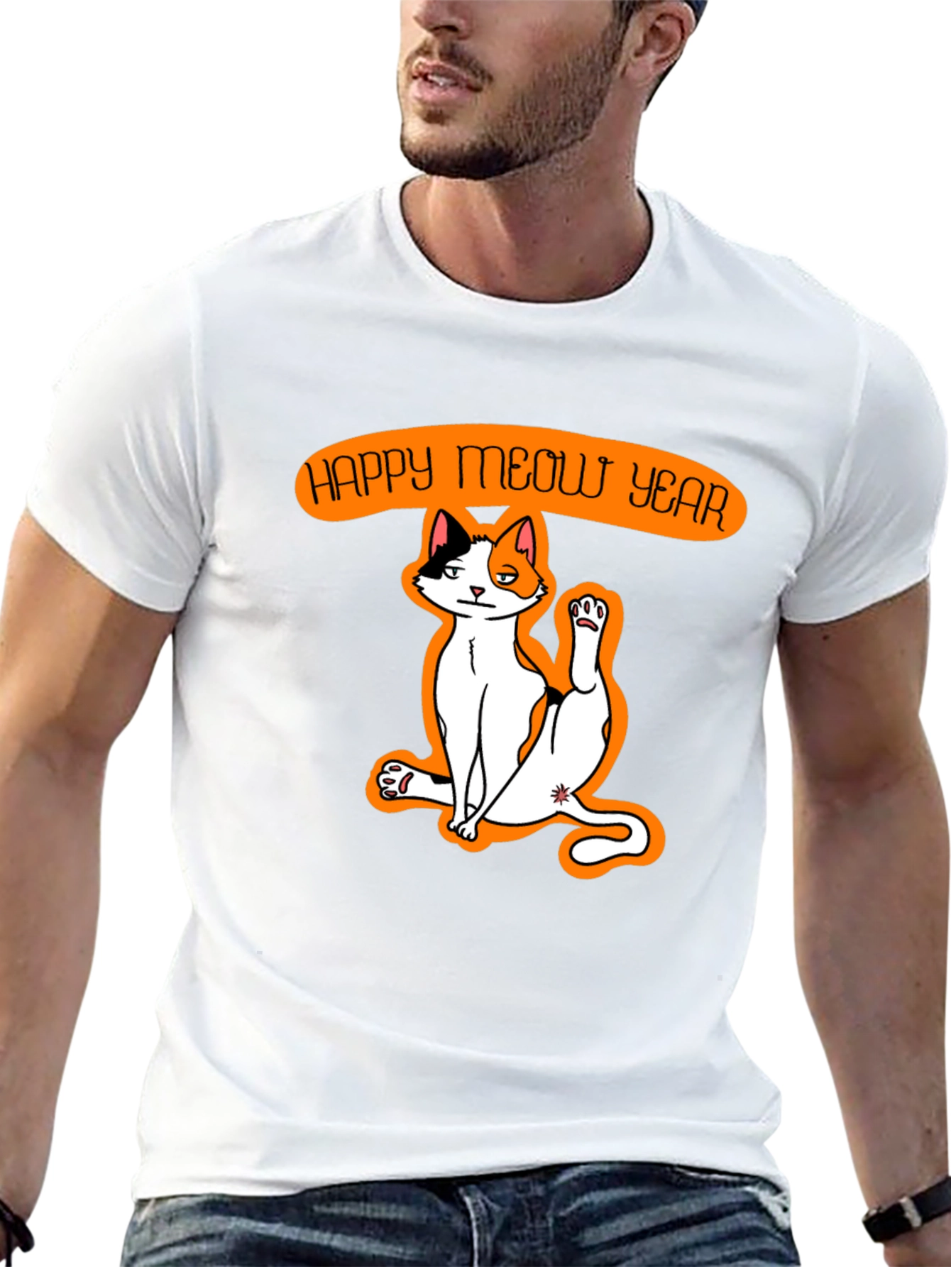 Black Happy Meow Year T-Shirt - Festive Cat Graphic Tee view 13