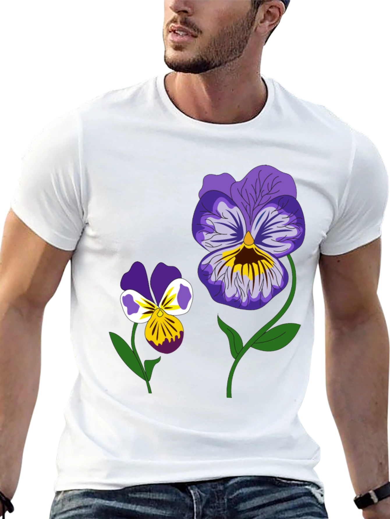 Black Floral Graphic T-Shirt - Pansy Design Black Tee view 13