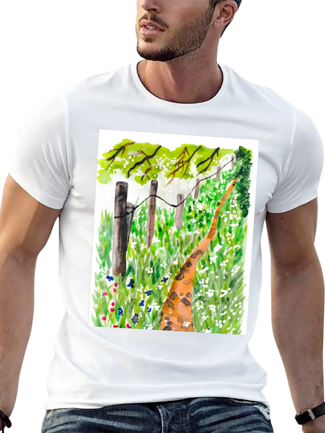 Black Watercolor Meadow Path Black T-Shirt view 13
