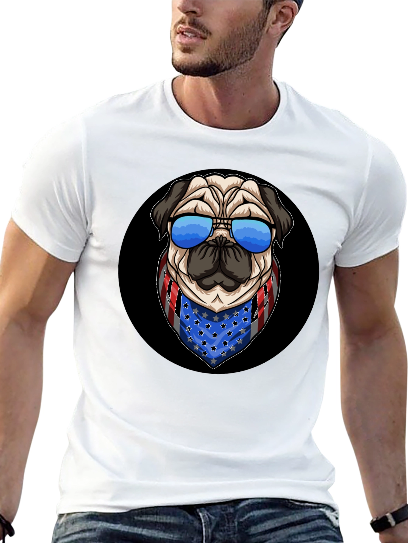Black Patriotic Pug T-Shirt: USA Flag Bandana & Shades view 13