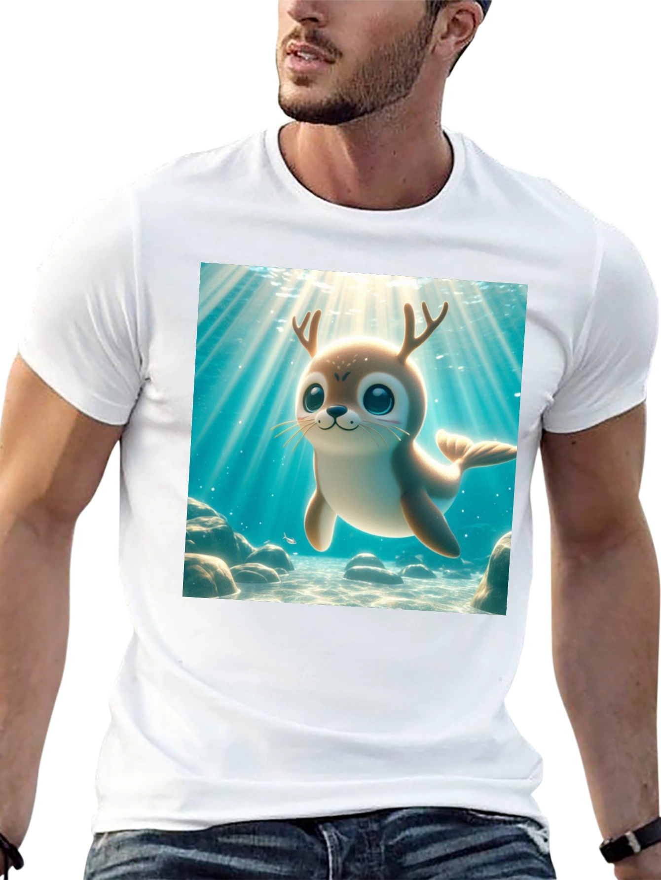 Black Cute Antlered Seal T-Shirt view 13