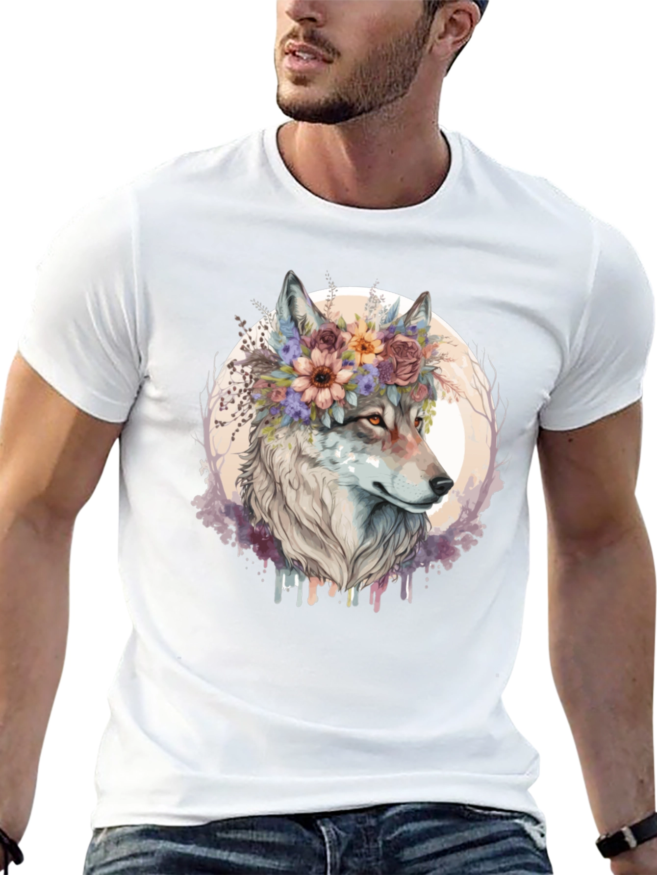 Black Wolf Flower Crown Graphic Tee - Unisex Black T-Shirt view 13