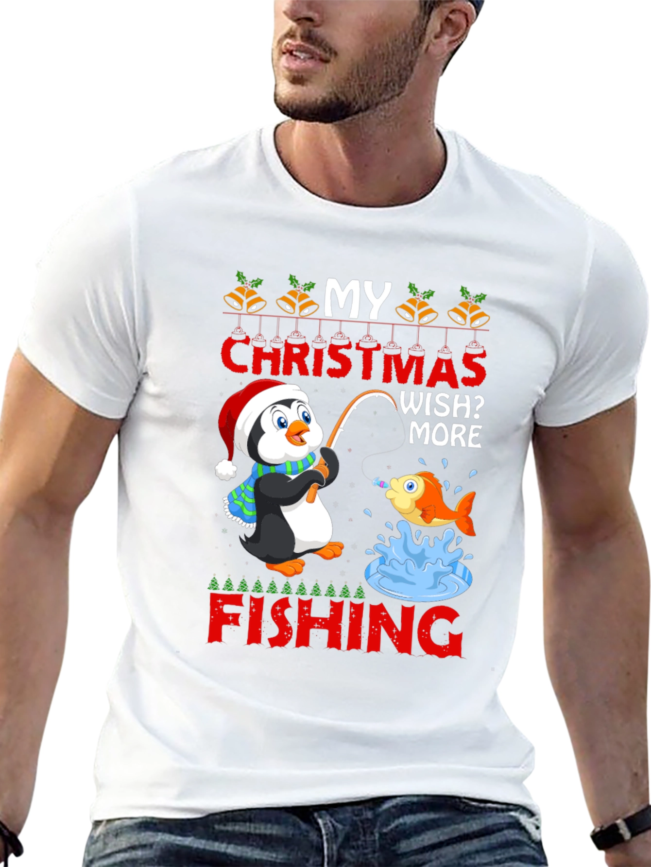 Black Christmas Penguin Fishing T-Shirt view 13