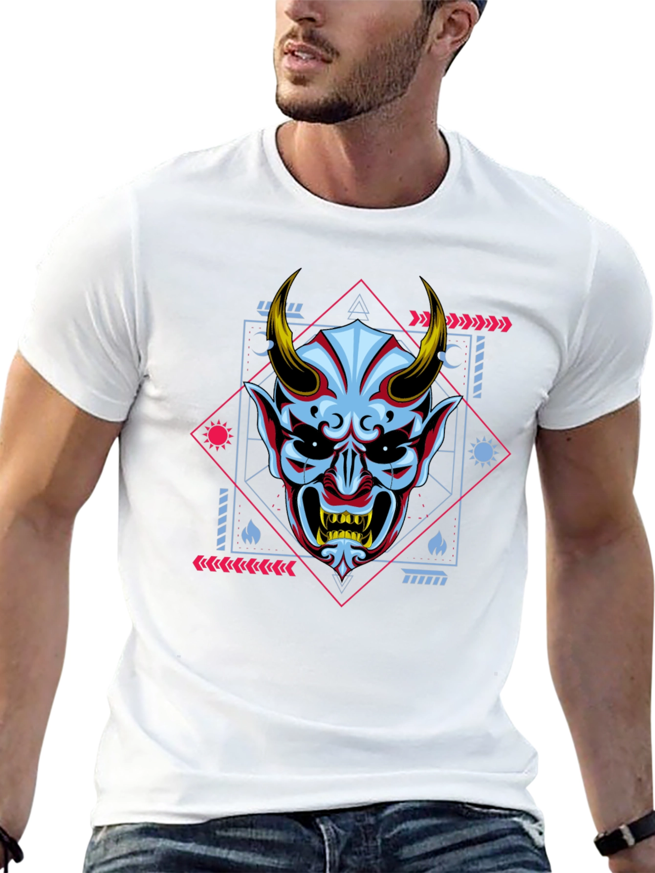 Black Geometric Oni Mask Graphic Tee - Black view 13