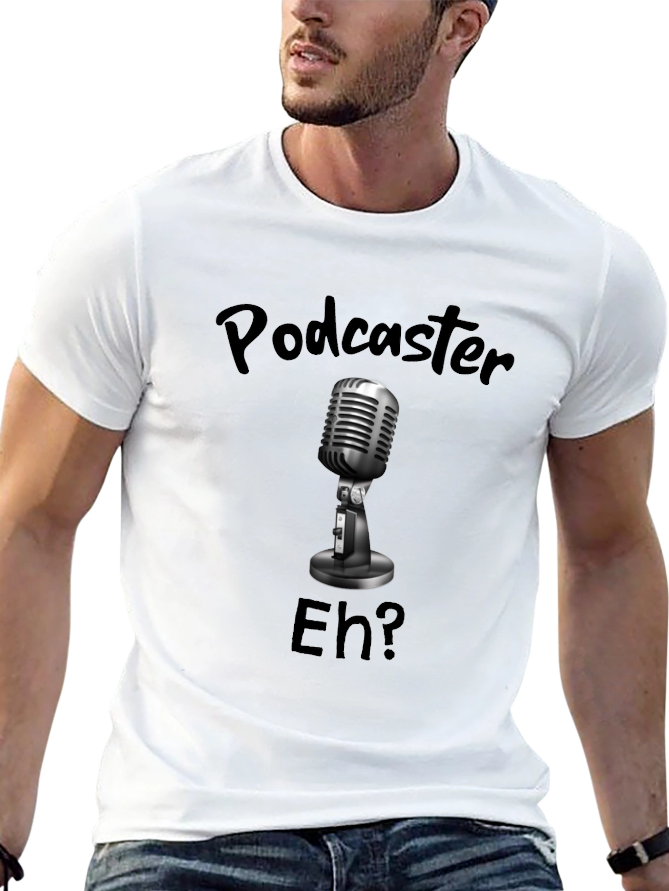 Black Podcaster Eh? T-Shirt - Microphone Design view 13