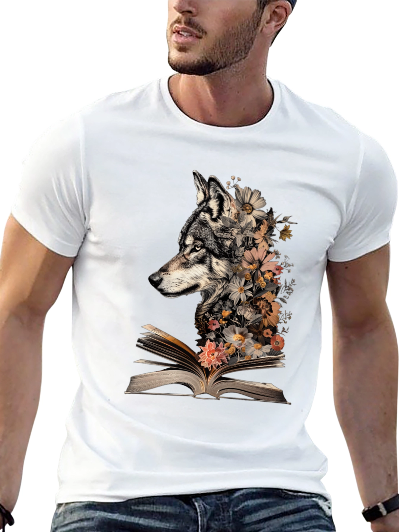 Black Wolf & Floral Book T-Shirt view 13