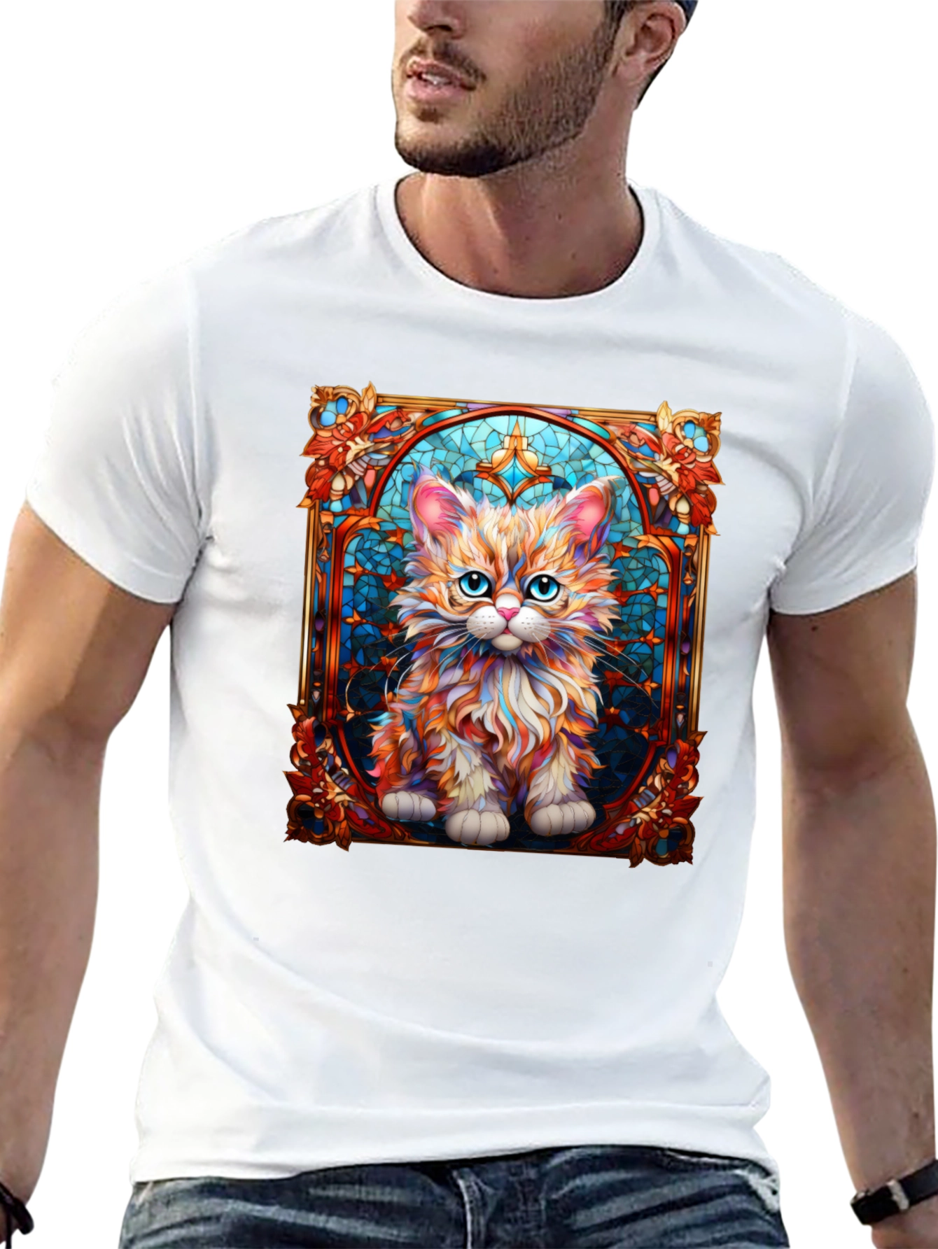 Black Stained Glass Cat Art T-Shirt view 13